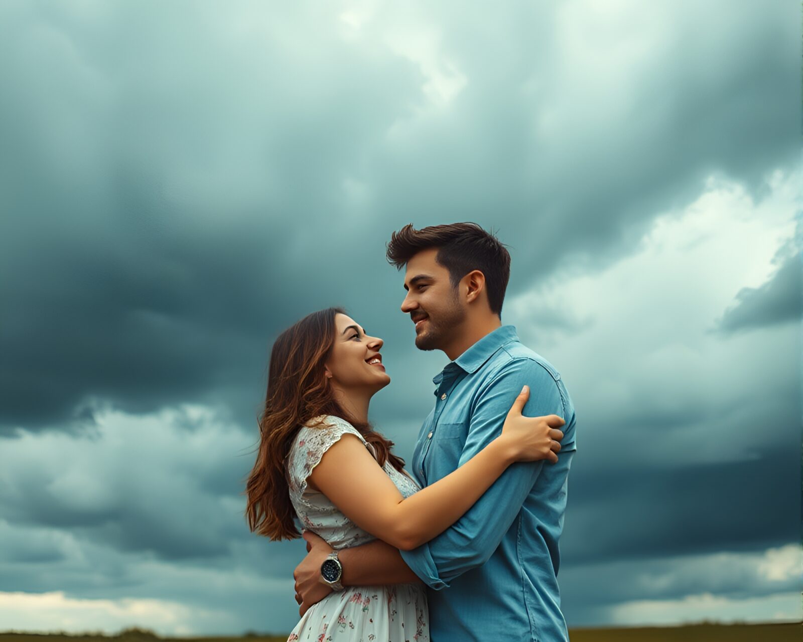 Young couple cuddling blissfully beneath stormy iron-cloud sky