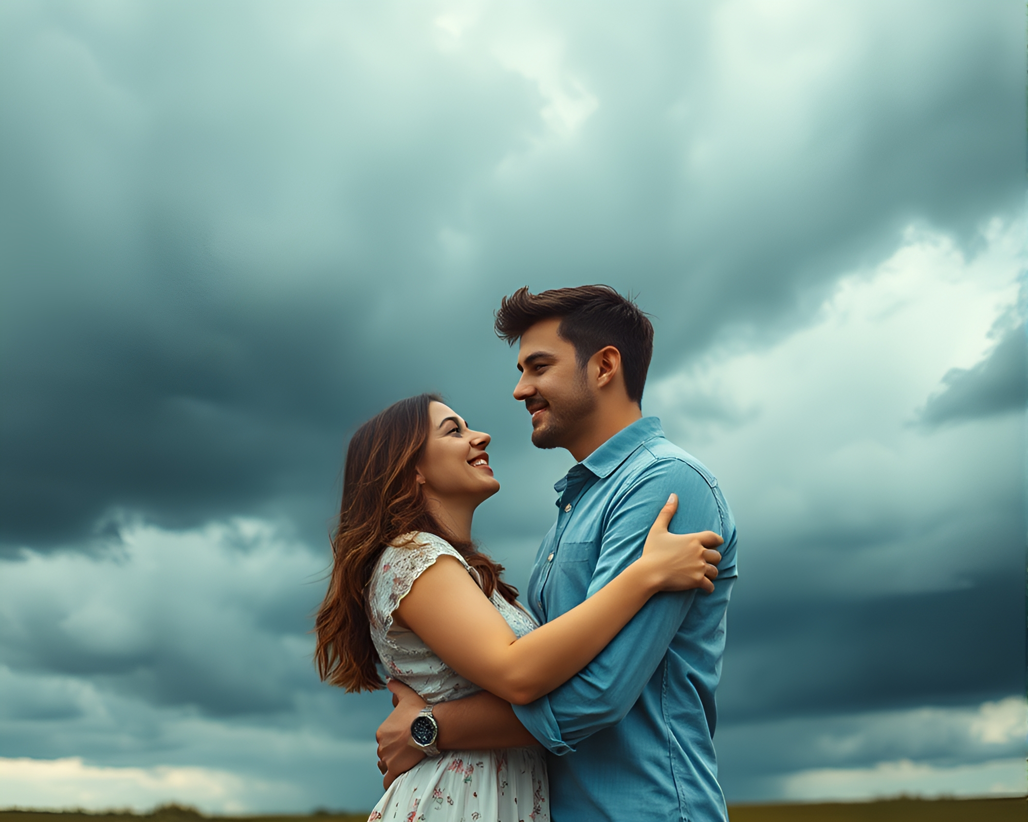 Romantic embrace under dramatic iron-cloud sky – free AI stock image