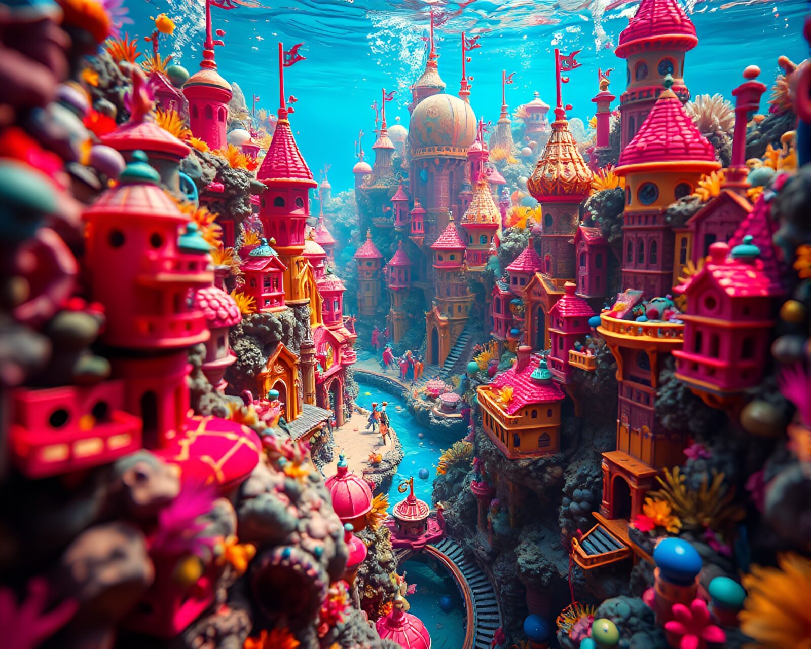 Detailed sunken cityscape with vibrant colors underwater