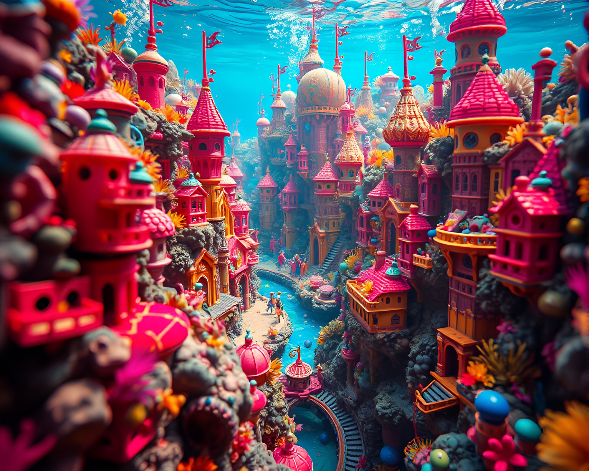 Vibrant Sunken Cityscape in Playful Macro Photography – free AI stock image