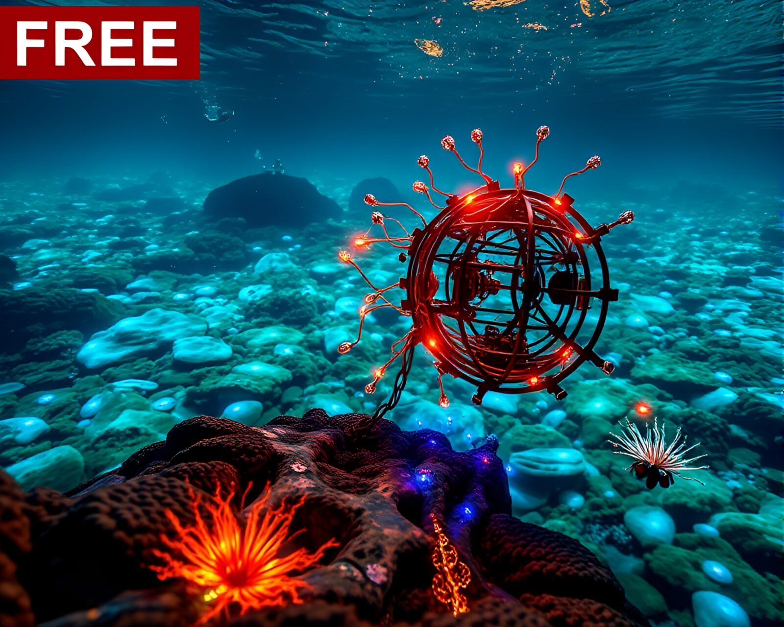 Vibrant, magical underwater scene with glowing kinetic sculpture