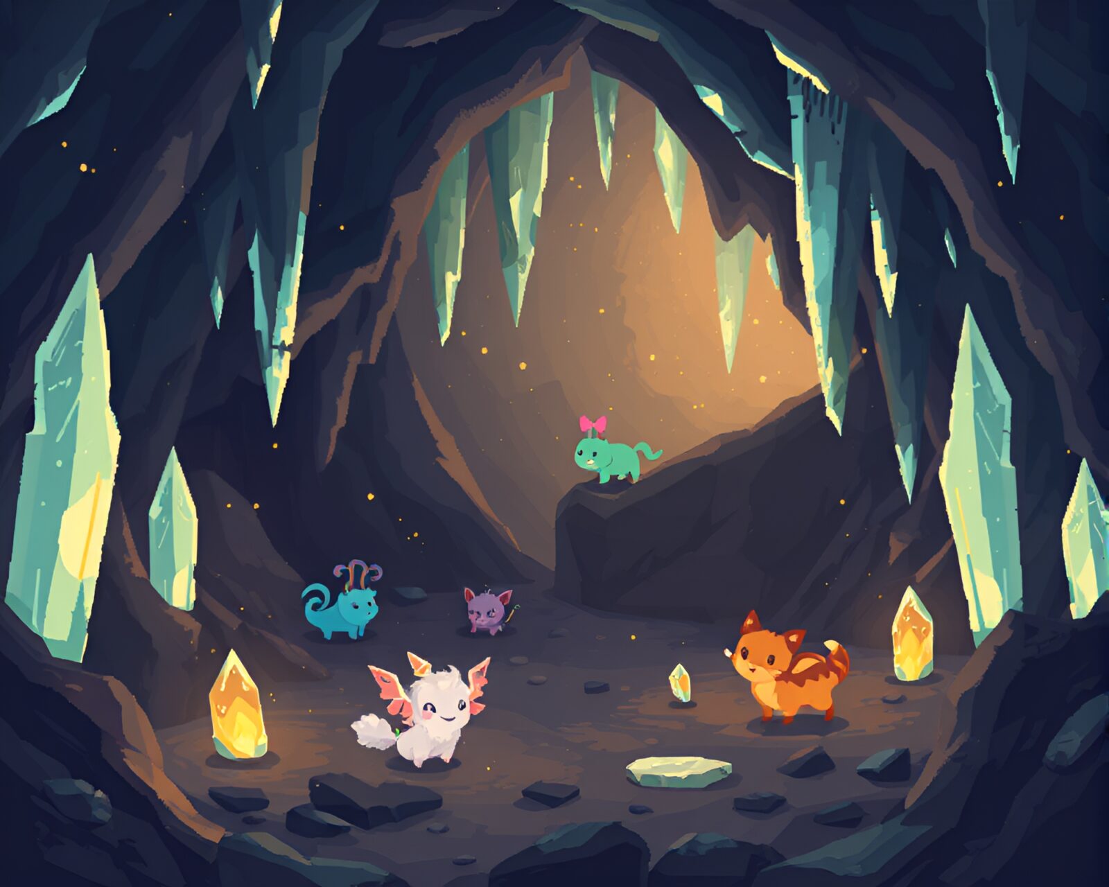Pixel art creatures playing under glowing crystals in cave