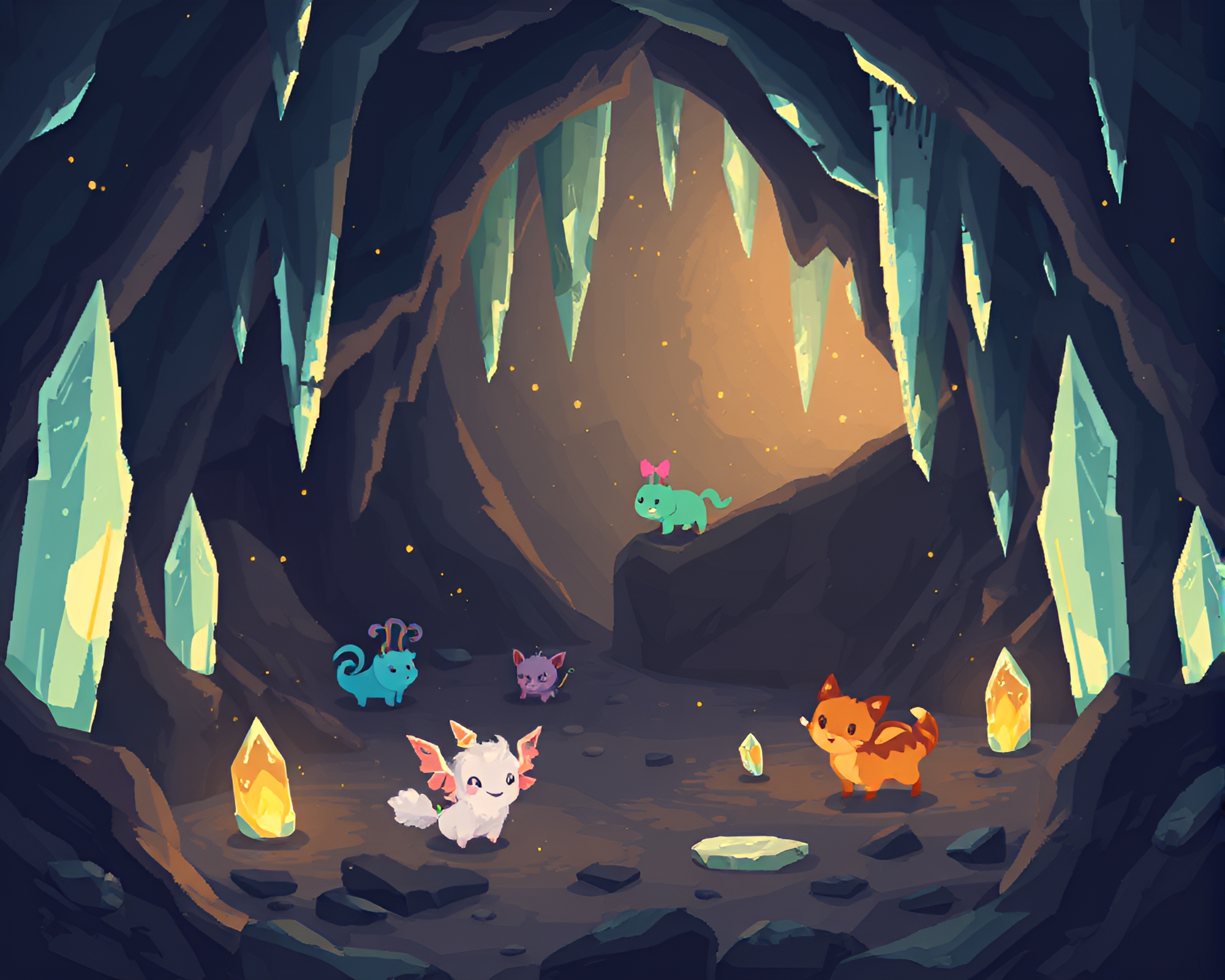 Whimsical Pixel Art Creatures Frolicking in Crystal Cave – free AI stock image