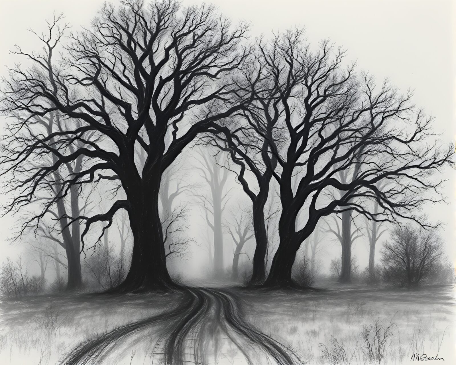 Eerie spectral oak forest in hauntingly beautiful charcoal sketch