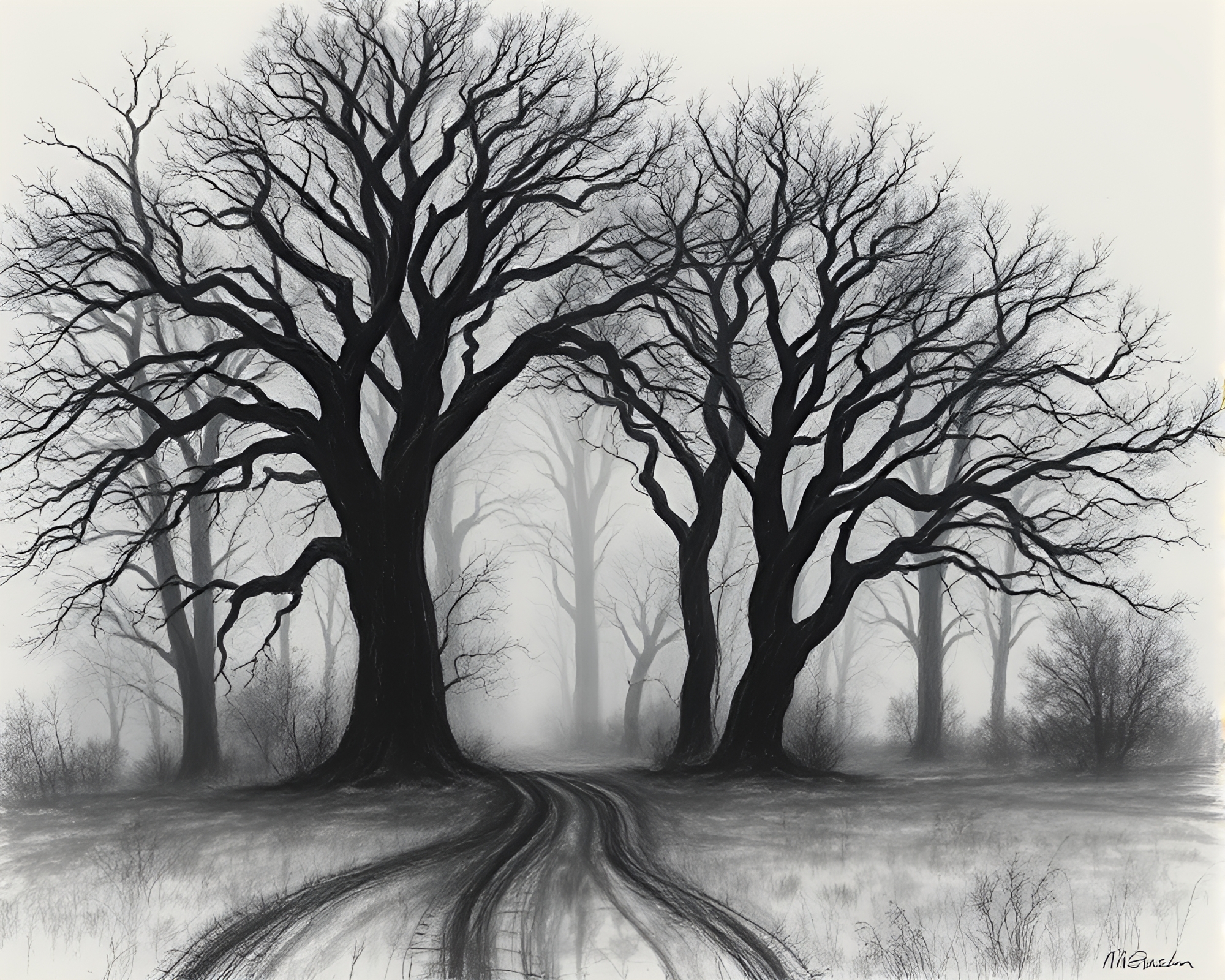 Spectral Oak Forest Emerges from Charcoal Sketch – free AI stock image