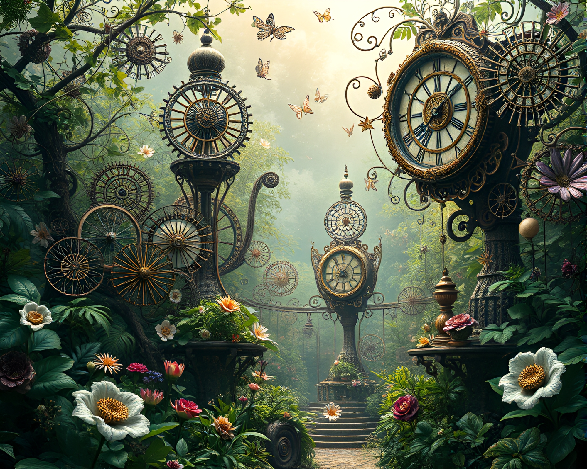 Enchanting Clockwork Garden with Mystical Embroidery Patterns – free AI stock image