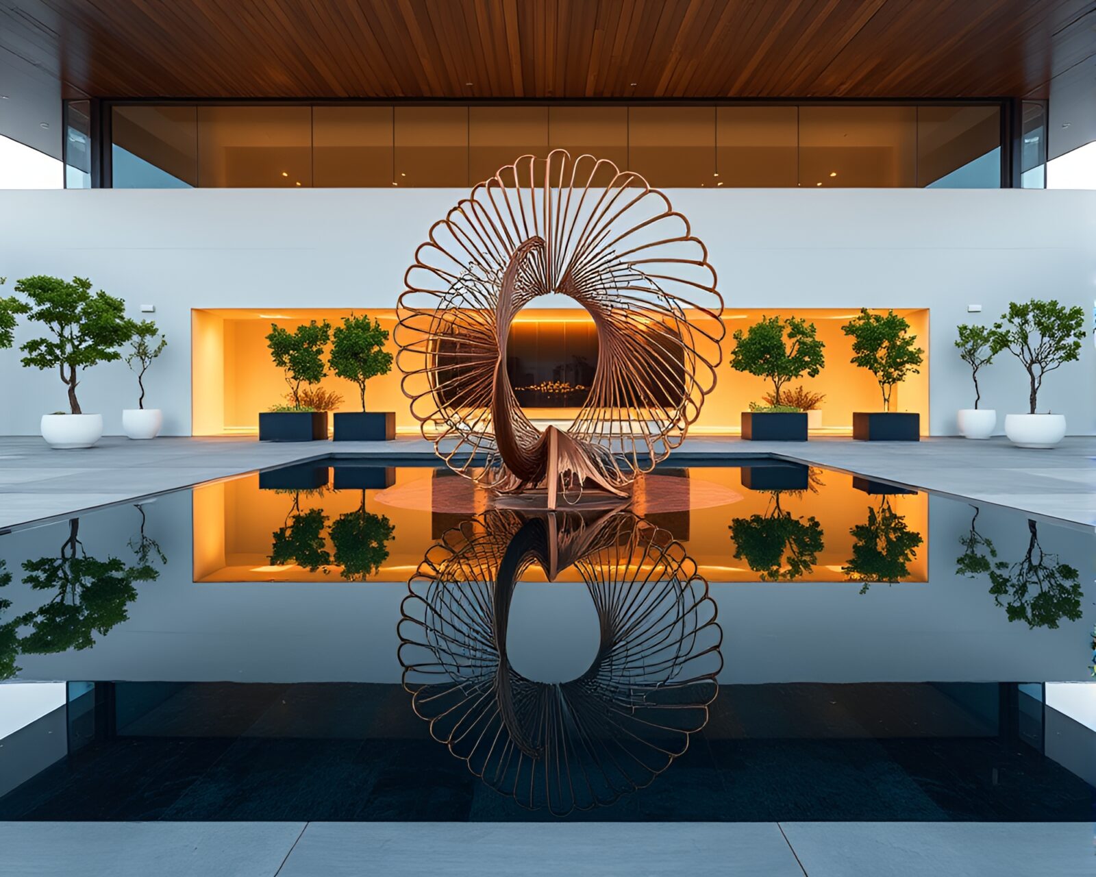 Kinetic sculpture near mirror pool reflecting in water oasis