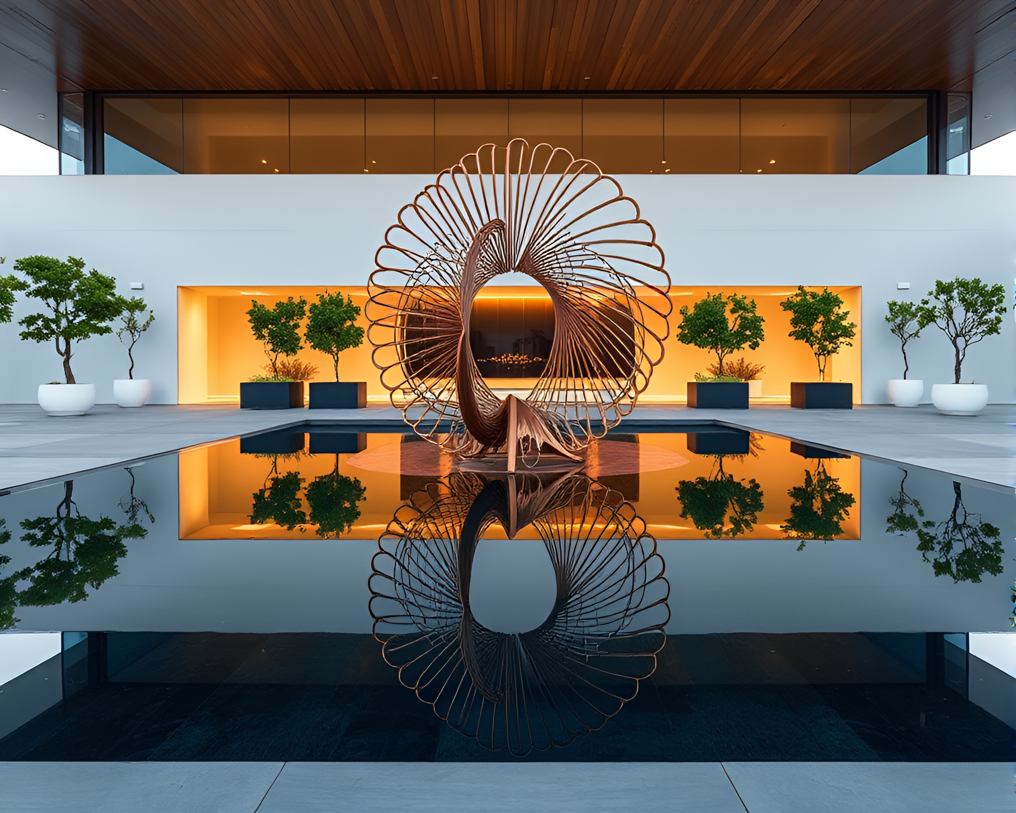 Contemporary Art Installation with Kinetic Sculpture by Mirror Pool – free AI stock image