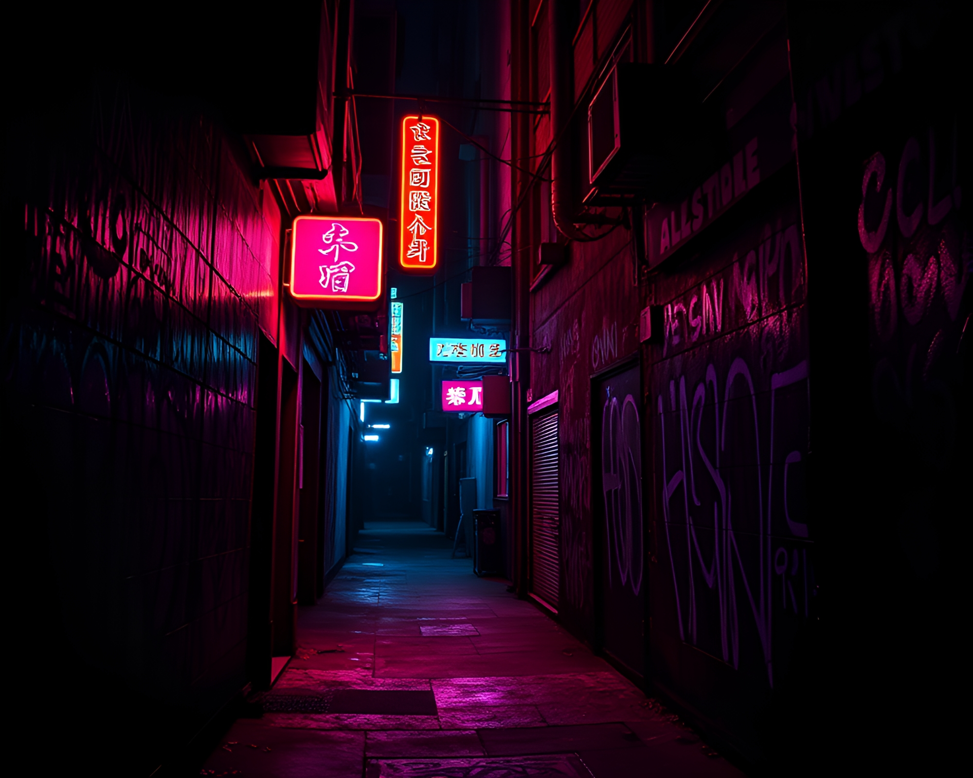 Dark City Alleyway with Neon Lights and Mystery – free AI stock image