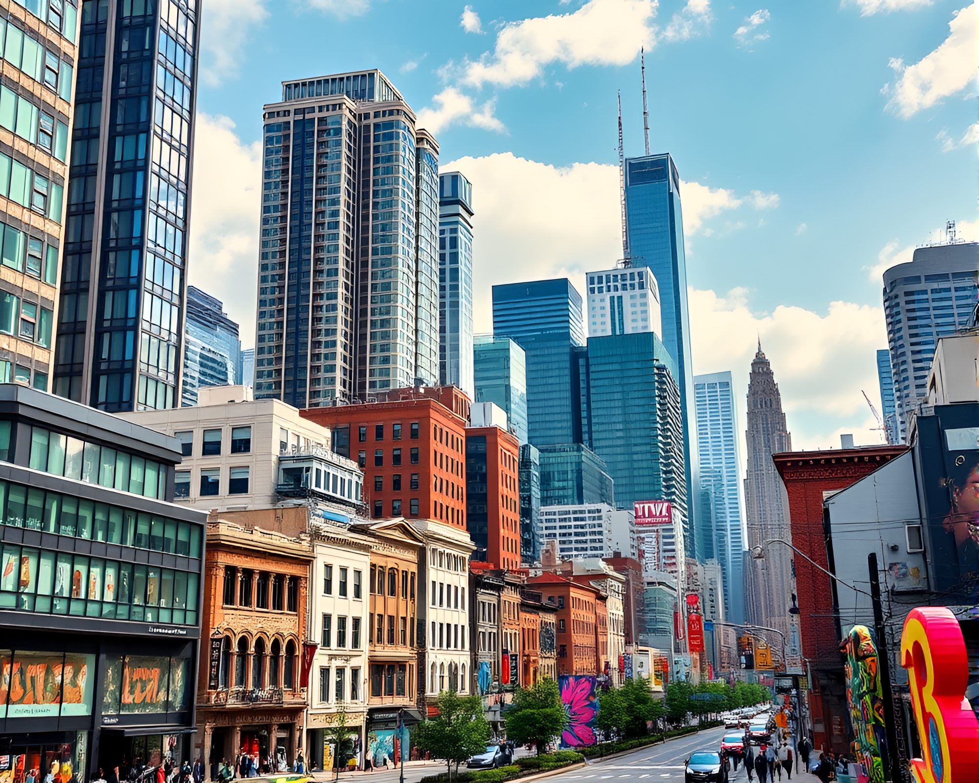 Vibrant Cityscape with Modern Skyscrapers and Rustic Buildings – free AI stock image
