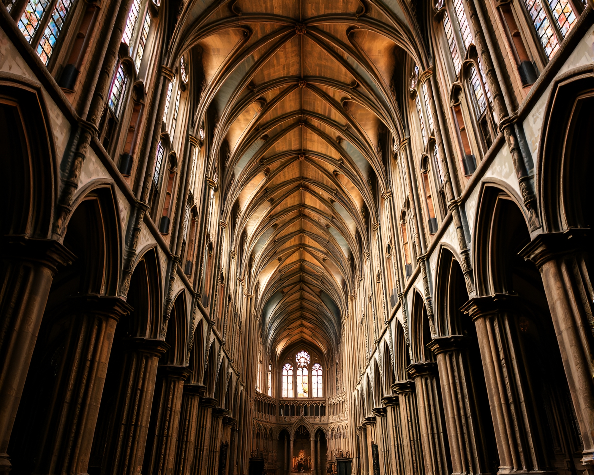 Majestic Gothic Cathedral Interior with Ancient Architecture – free AI stock image