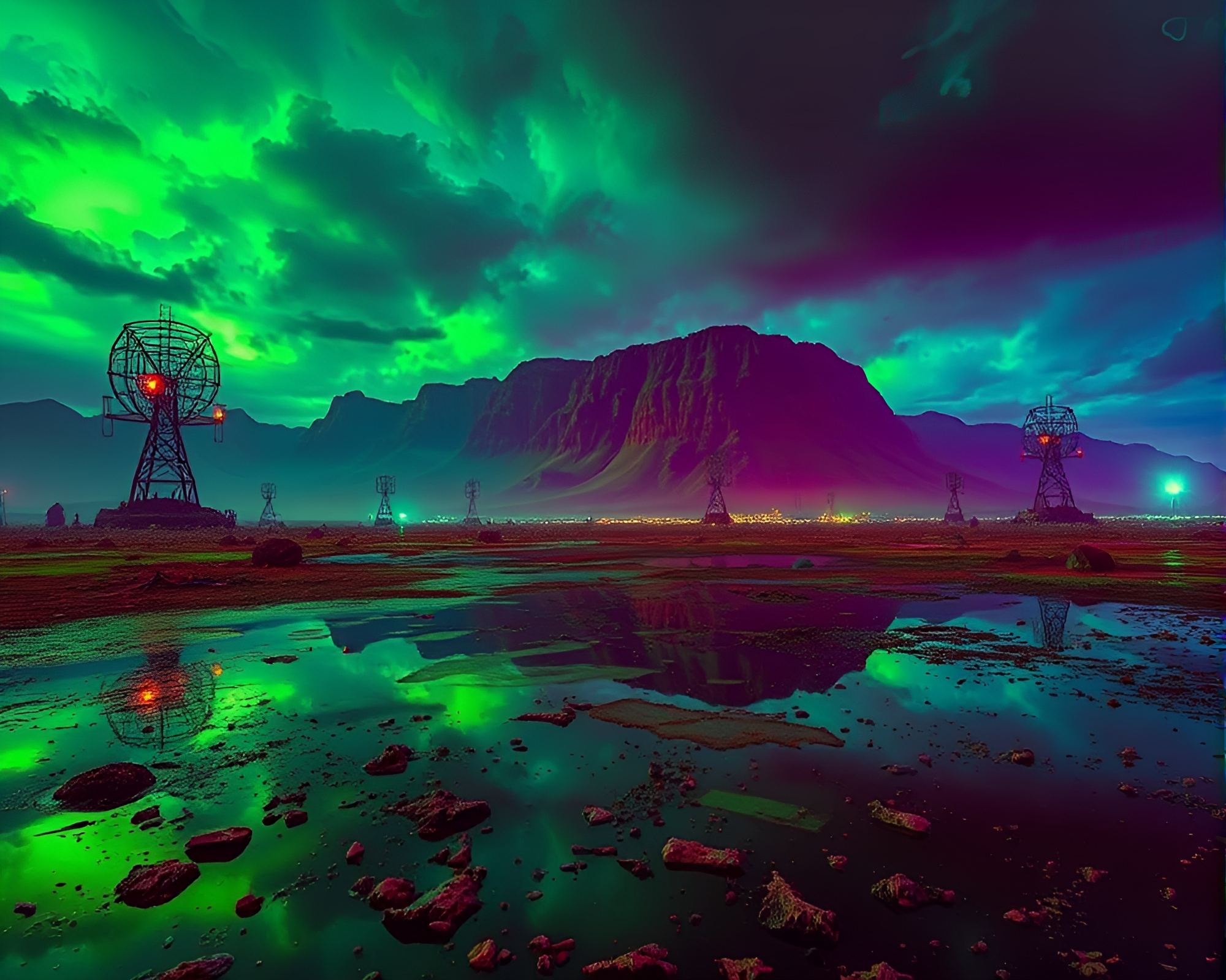 Eerie Green Reflections in Radioactive Wasteland Landscape – free AI stock image