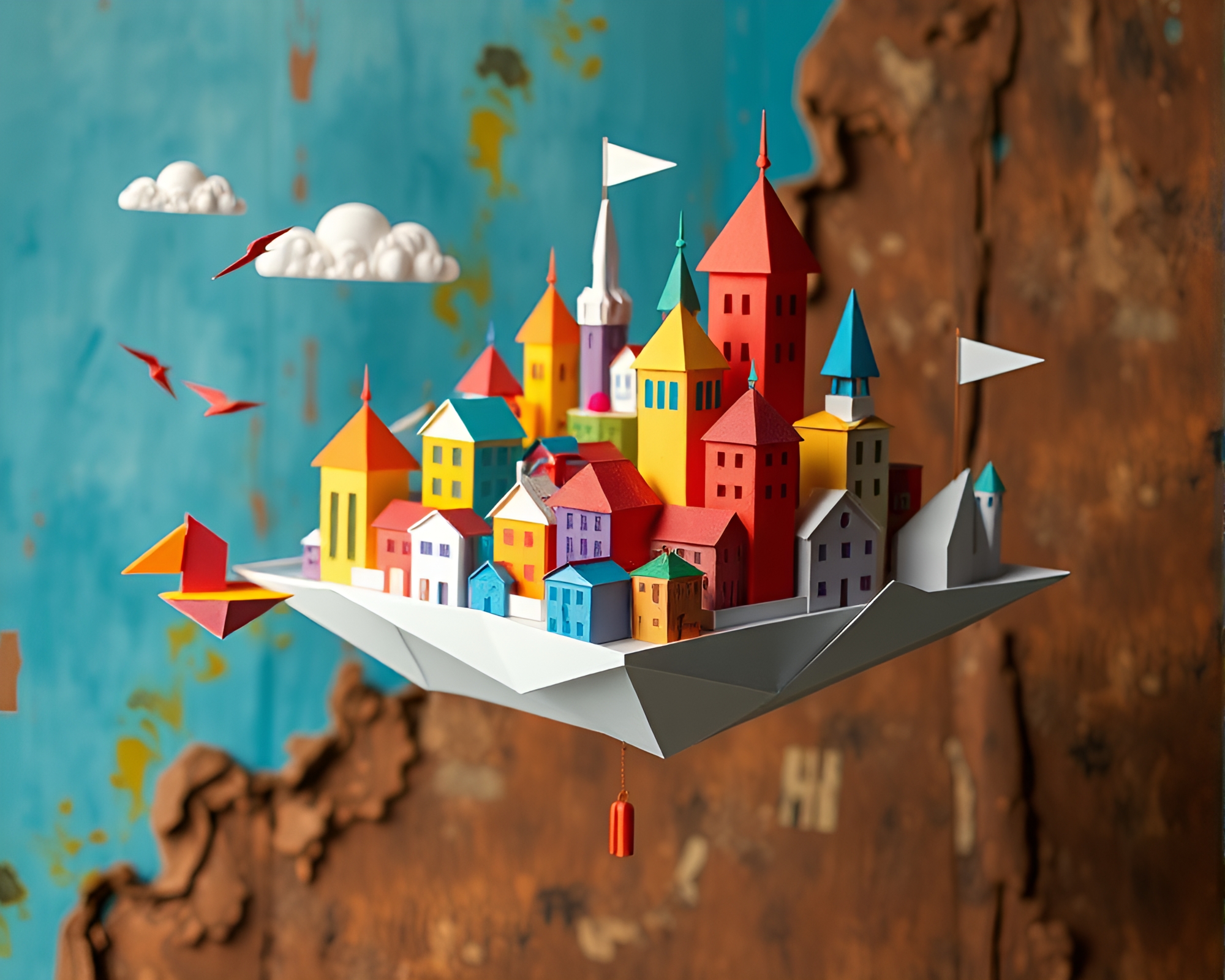 Colorful Origami Floating City With Graphic Design Elements – free AI stock image