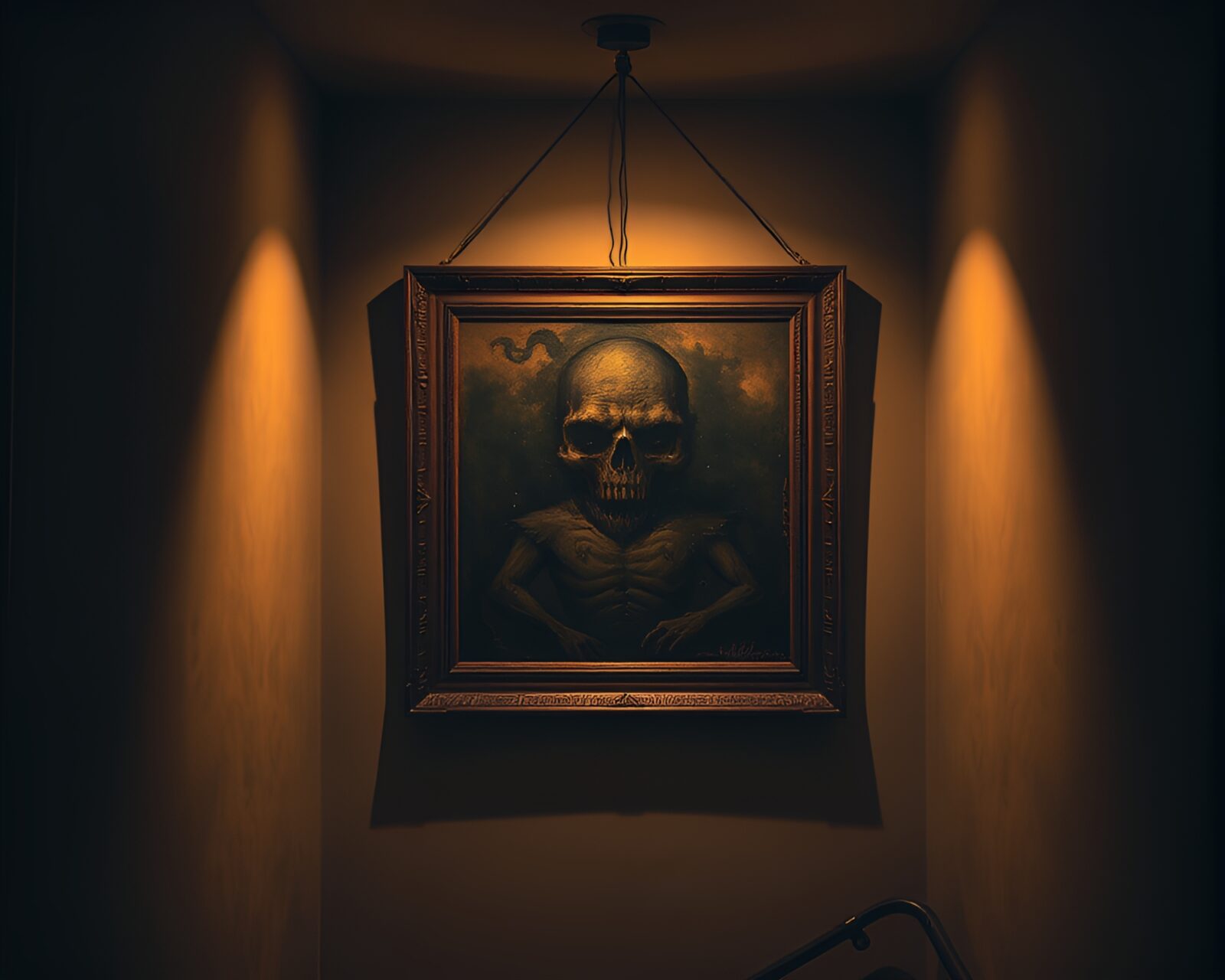 Sinister scene depicted in detailed oil painting in dimly lit corridor.