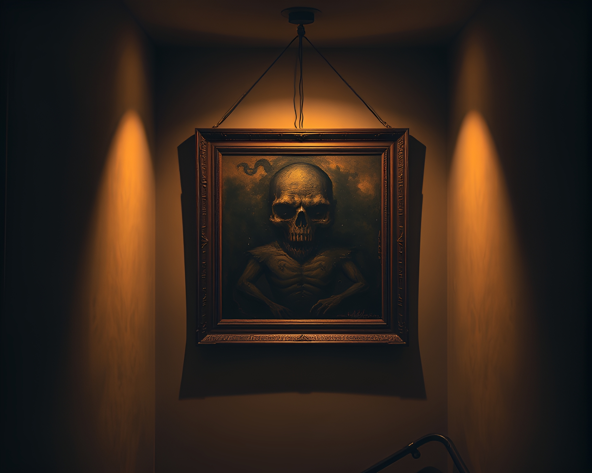 Eerie Oil Painting in Dimly Lit Corridor – free AI stock image