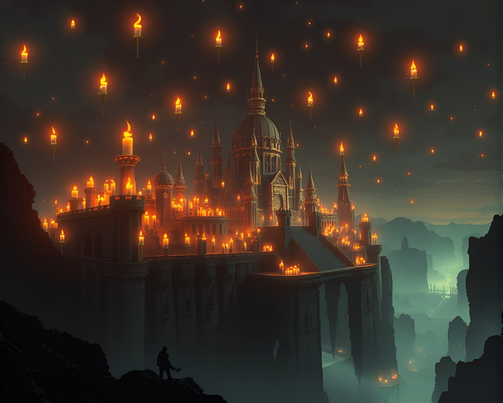 A surreal citadel of candles floating in the darkness