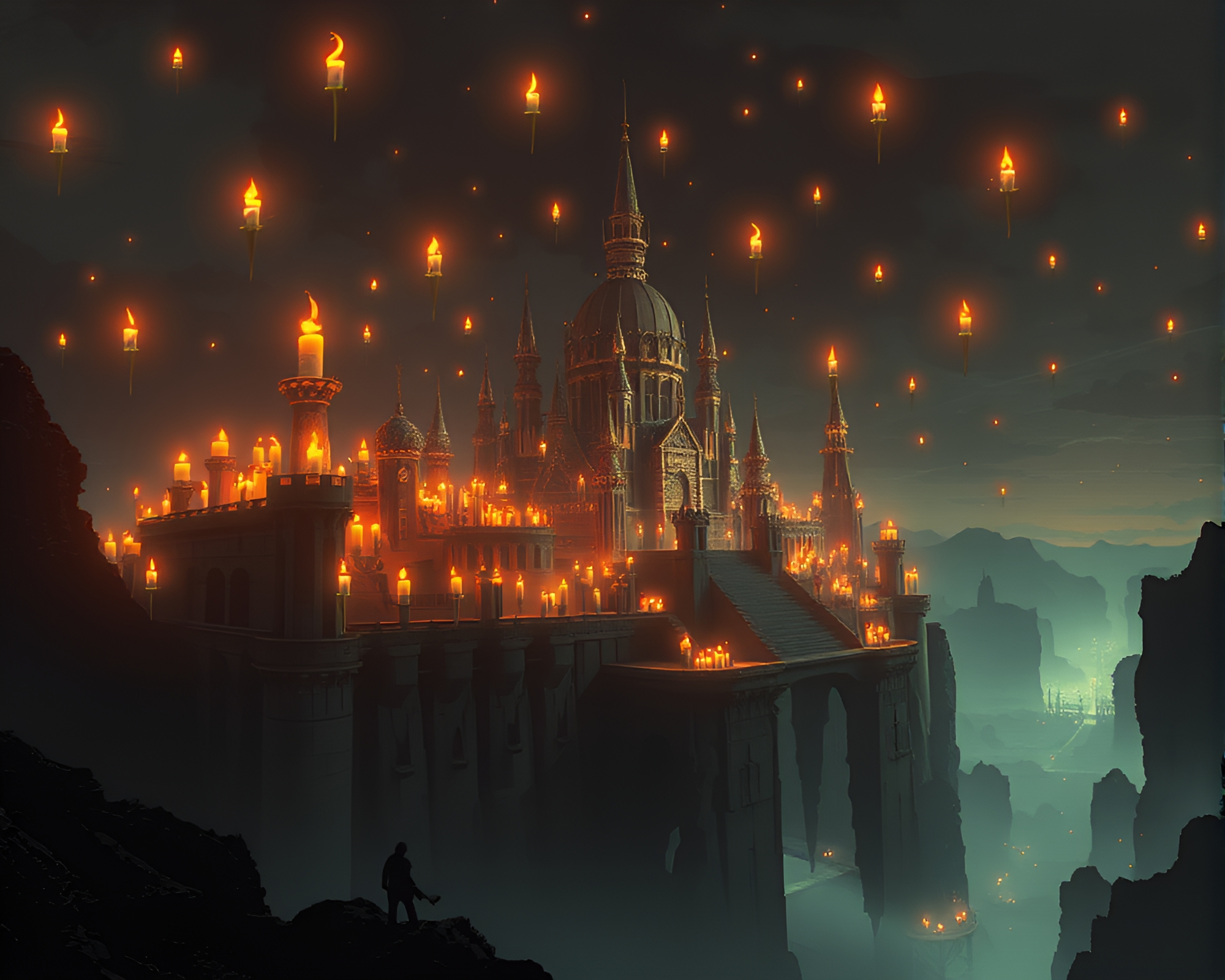 Floating Candle Citadel Glowing with Somber 8-Bit Art – free AI stock image