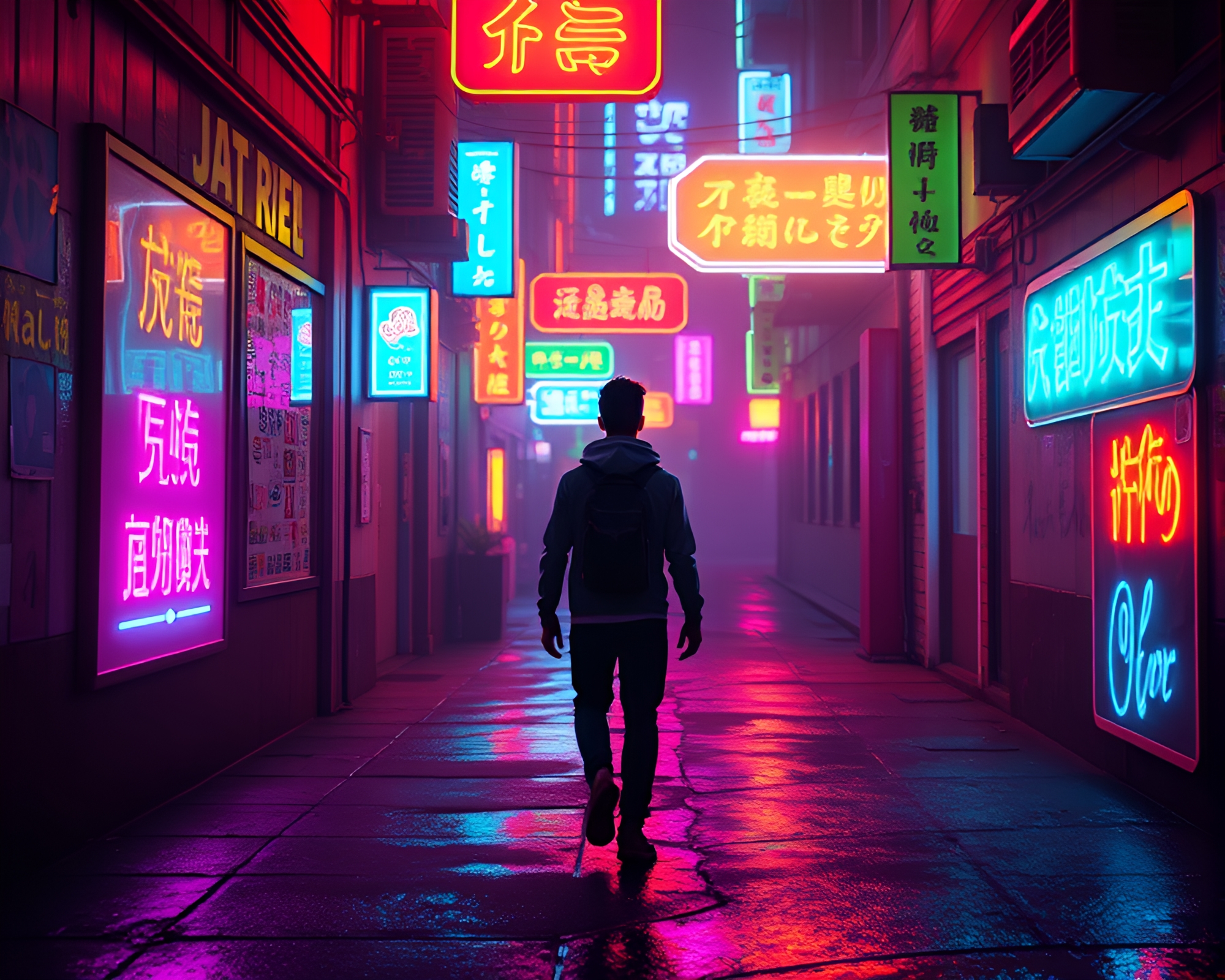 Exploring Virtual Reality Game Concept in Neon Alleyway – free AI stock image