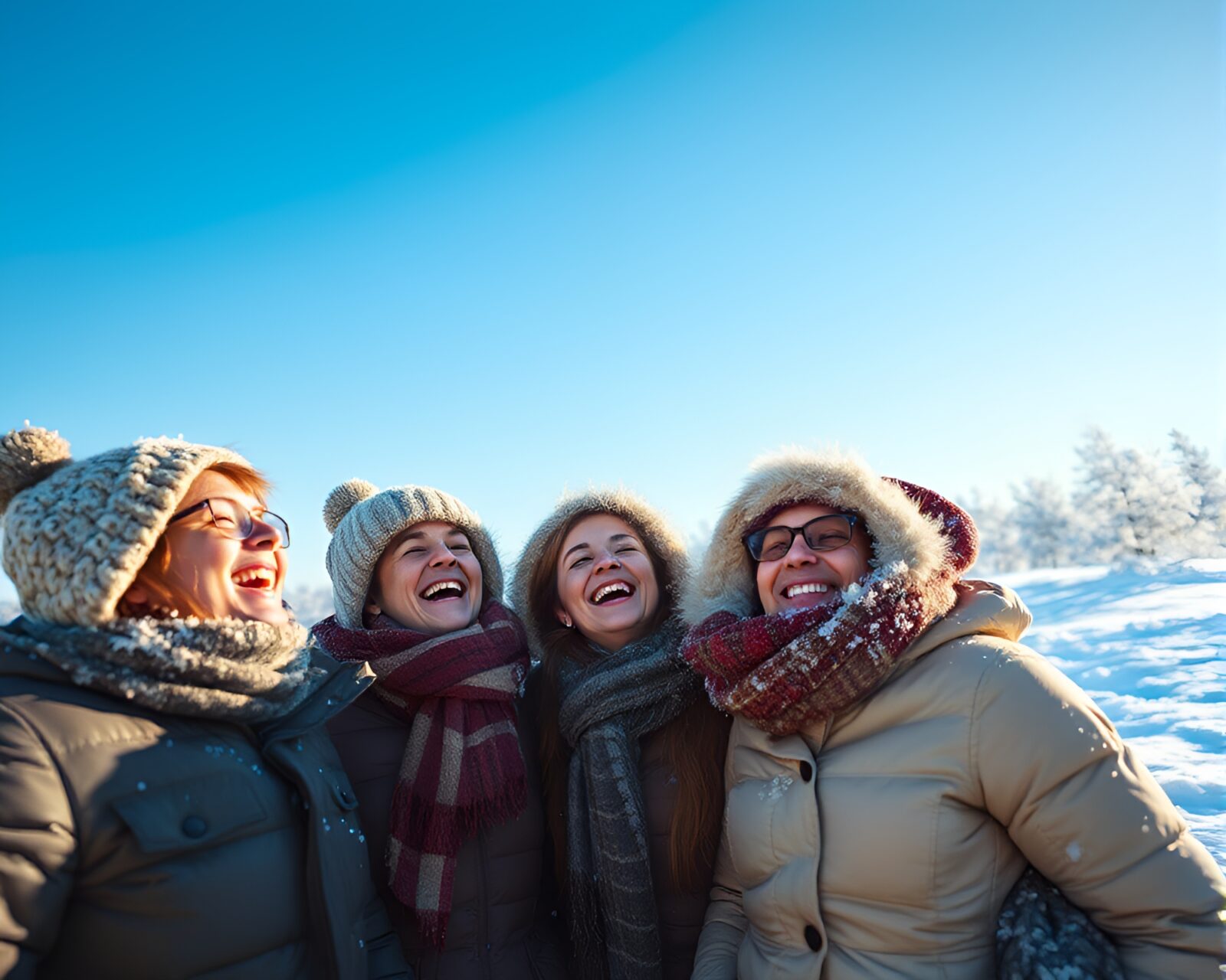 Colorful winter attire-clad people in vast frost-covered plains