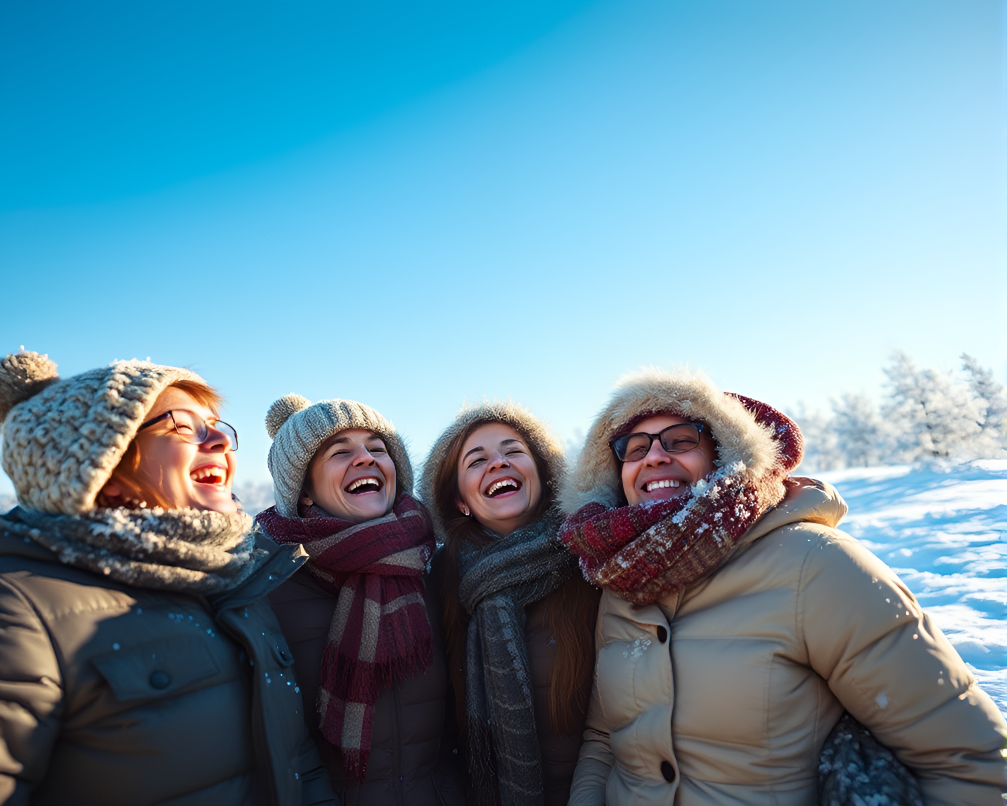 Winter Wonderland: People Laughing Amid Glittering Frost – free AI stock image