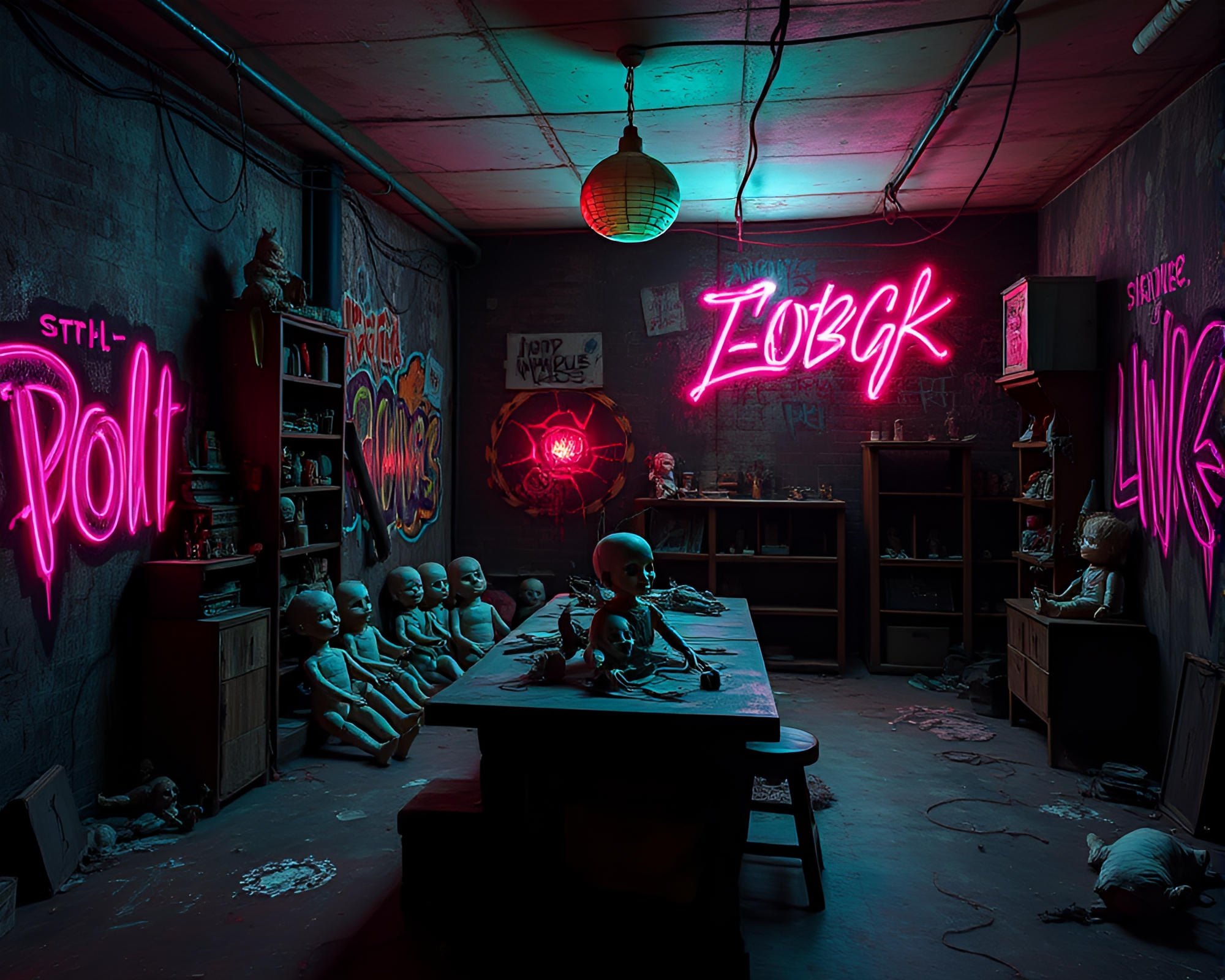 Eerie Neon Graffiti in Macabre Doll Workshop – free AI stock image