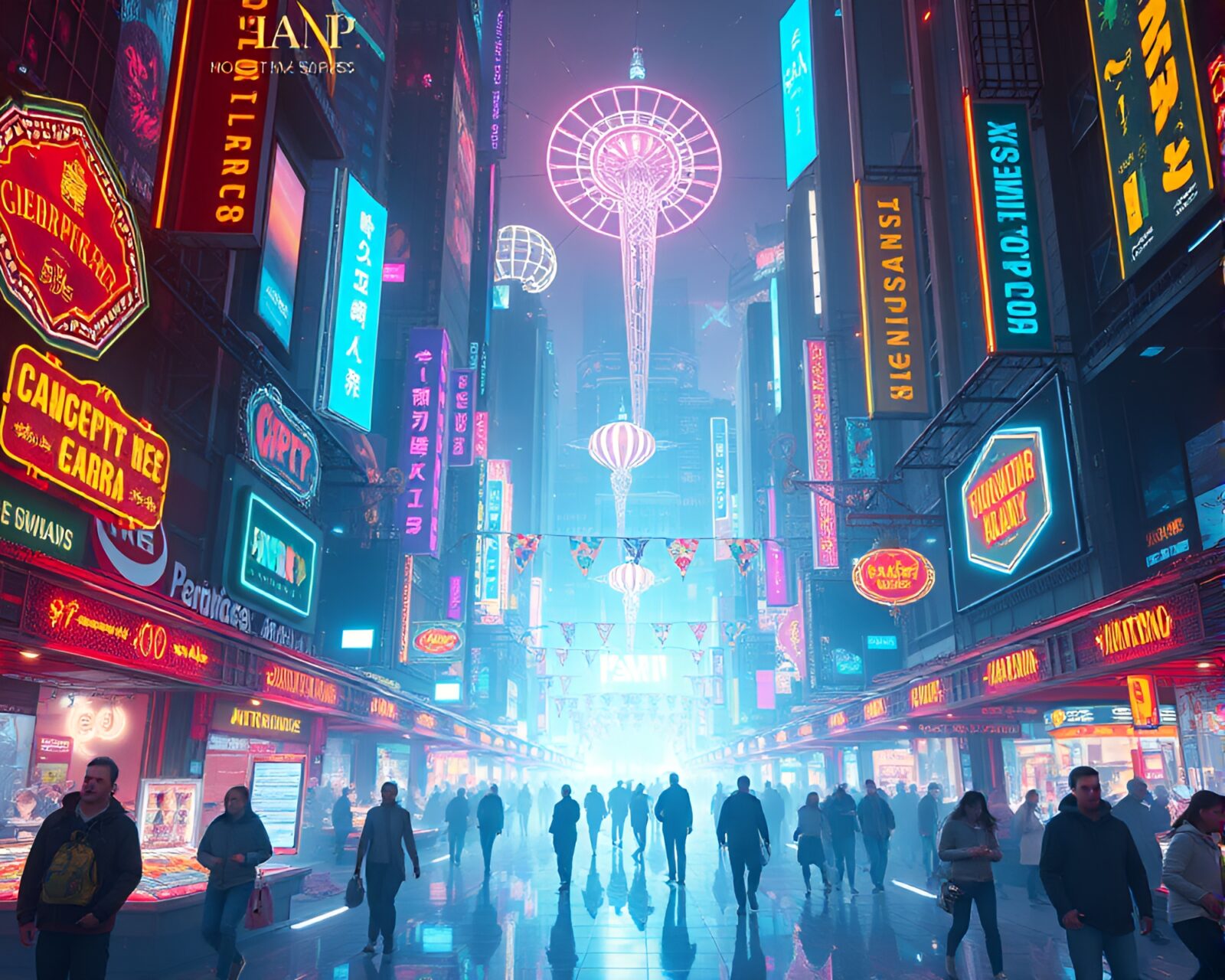 Vibrant holographic bazaar in futuristic cityscape exuding cyberpunk vibes