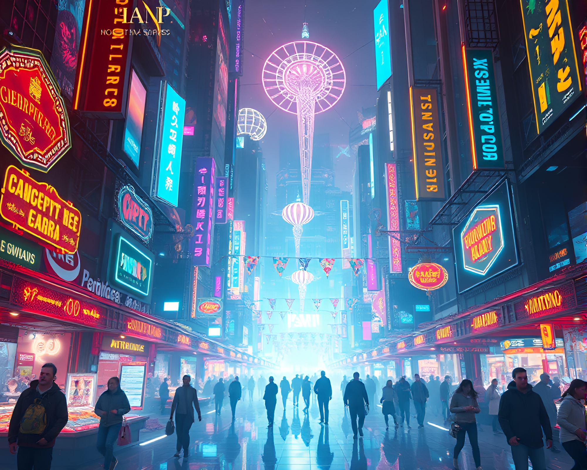 Enthralling Holographic Bazaar in Futuristic Cyberpunk Cityscape – free AI stock image