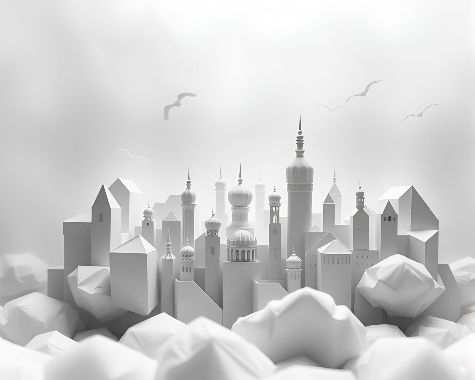 Floating origami city in monochrome palette