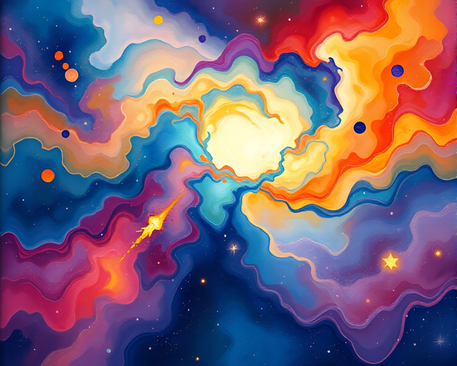 Colorful cosmic nebula painting with swirling and bright colors