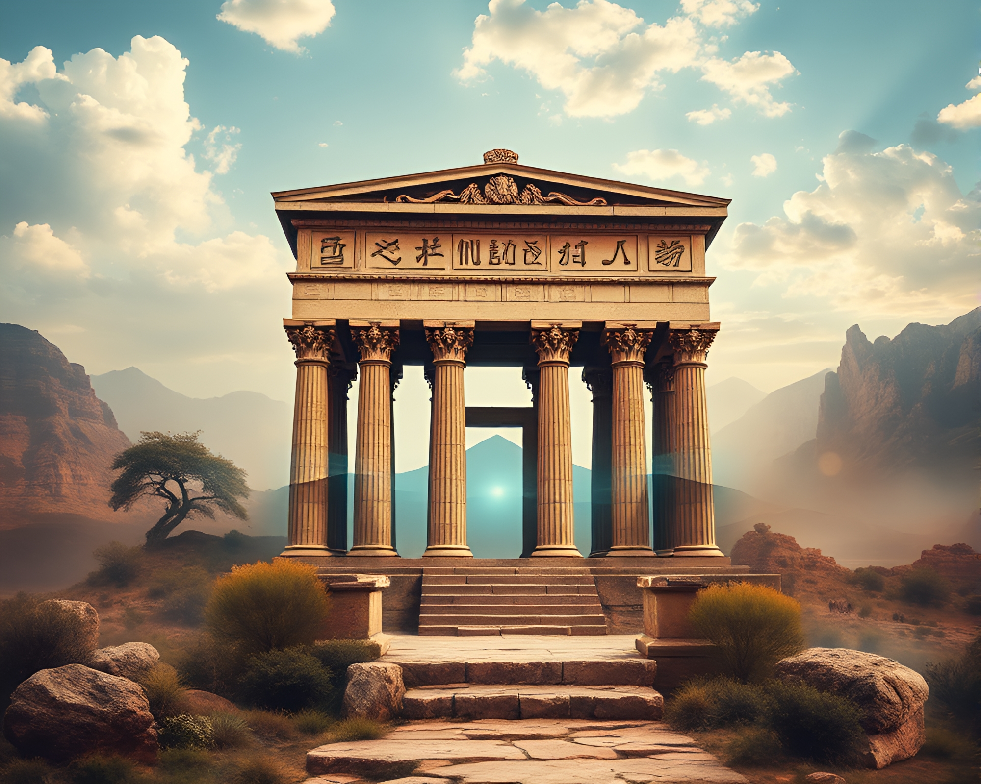 Mysterious Glyphs Adorn Ancient Temple in Dreamy Photomontage – free AI stock image
