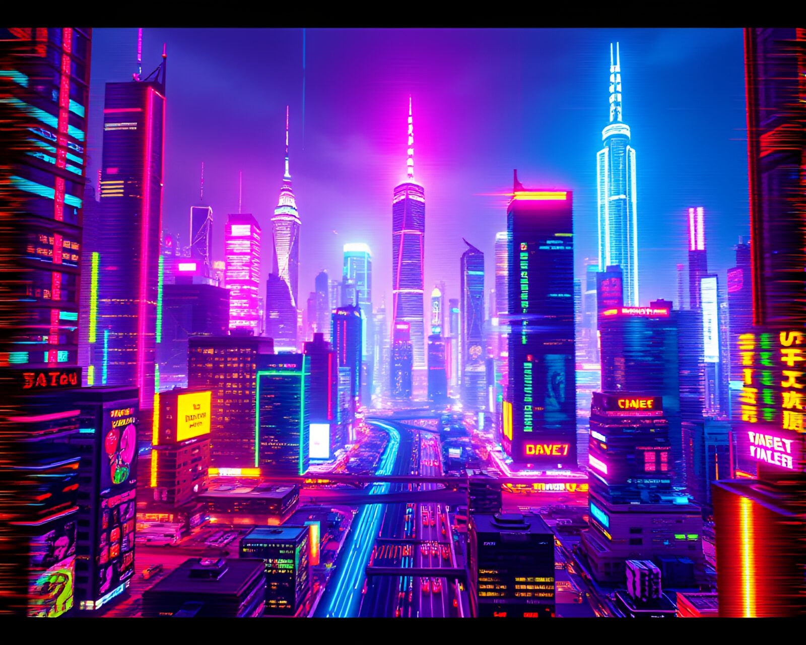 Vibrant neon lights adorning futuristic buildings in glitch art