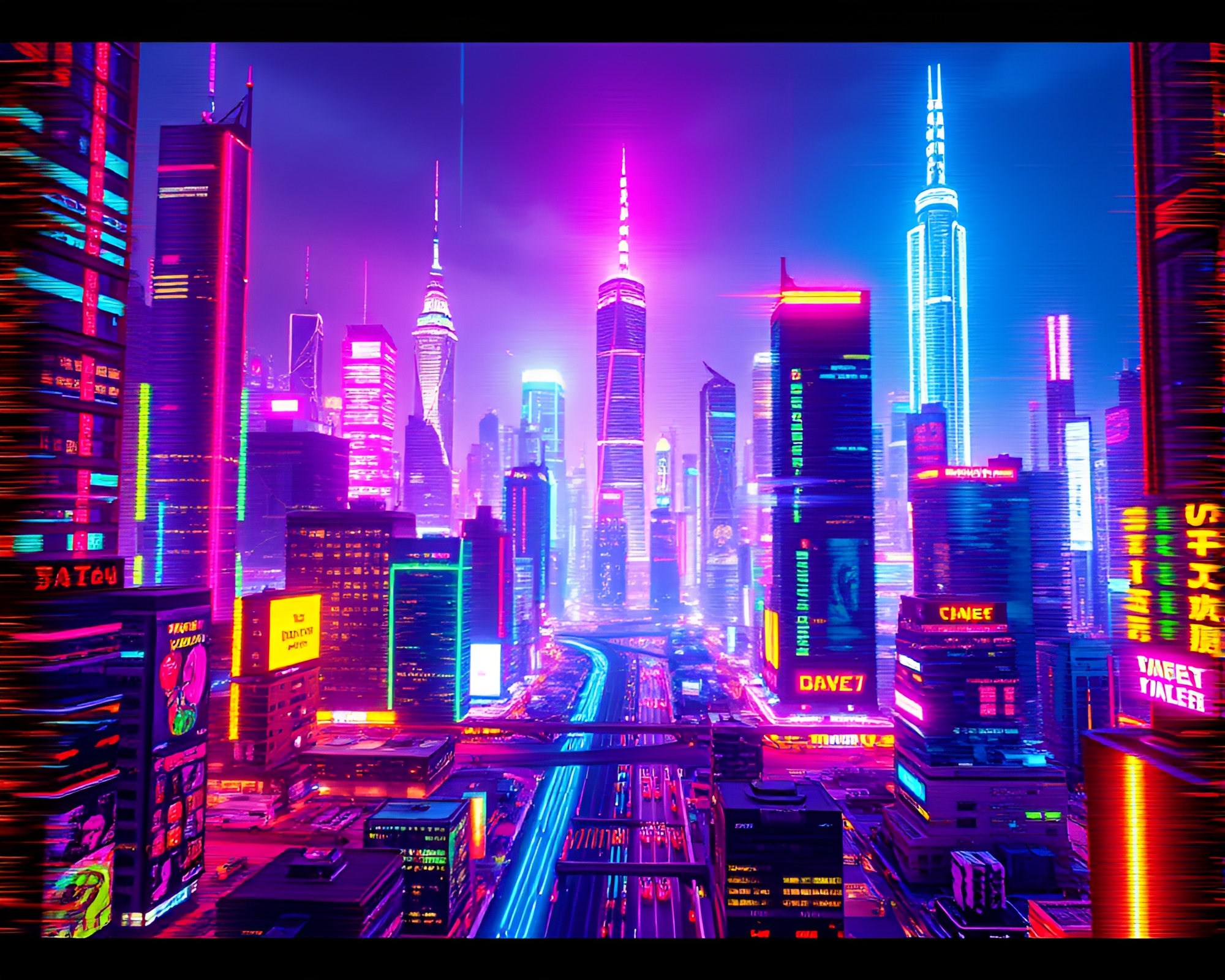 Mesmerizing Neon Glitch Art Urban Skyline Display – free AI stock image