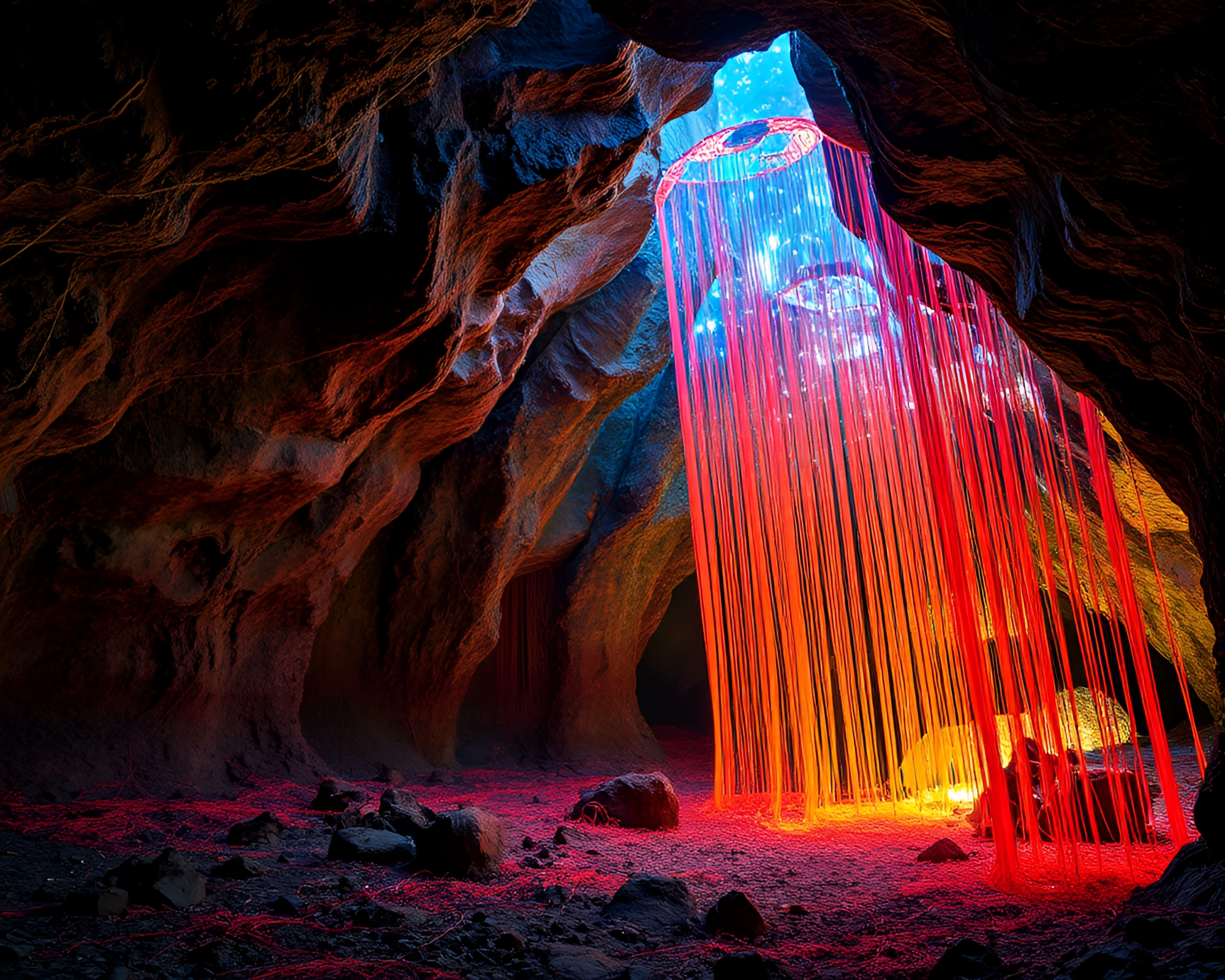 Dreamlike Cosmic String Tapestry in Subterranean Cave – free AI stock image