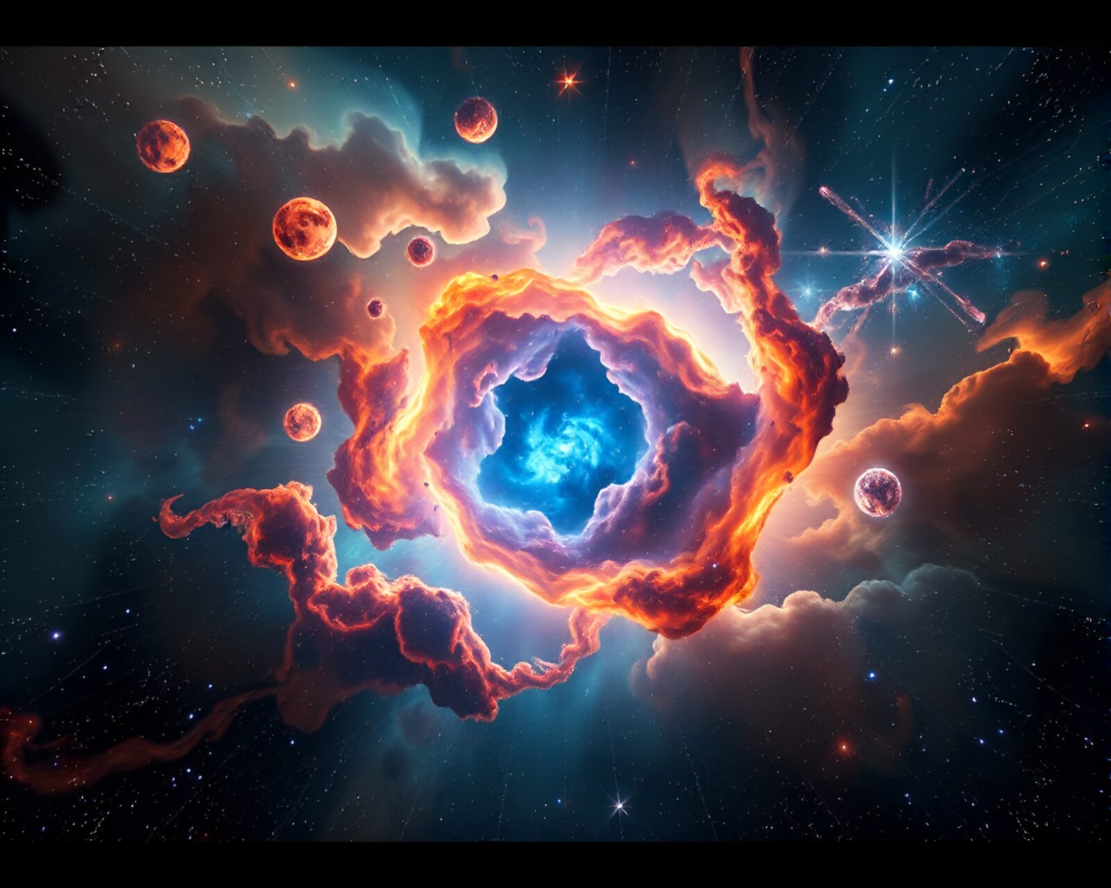 Colorful swirling nebula with stars and surreal elements