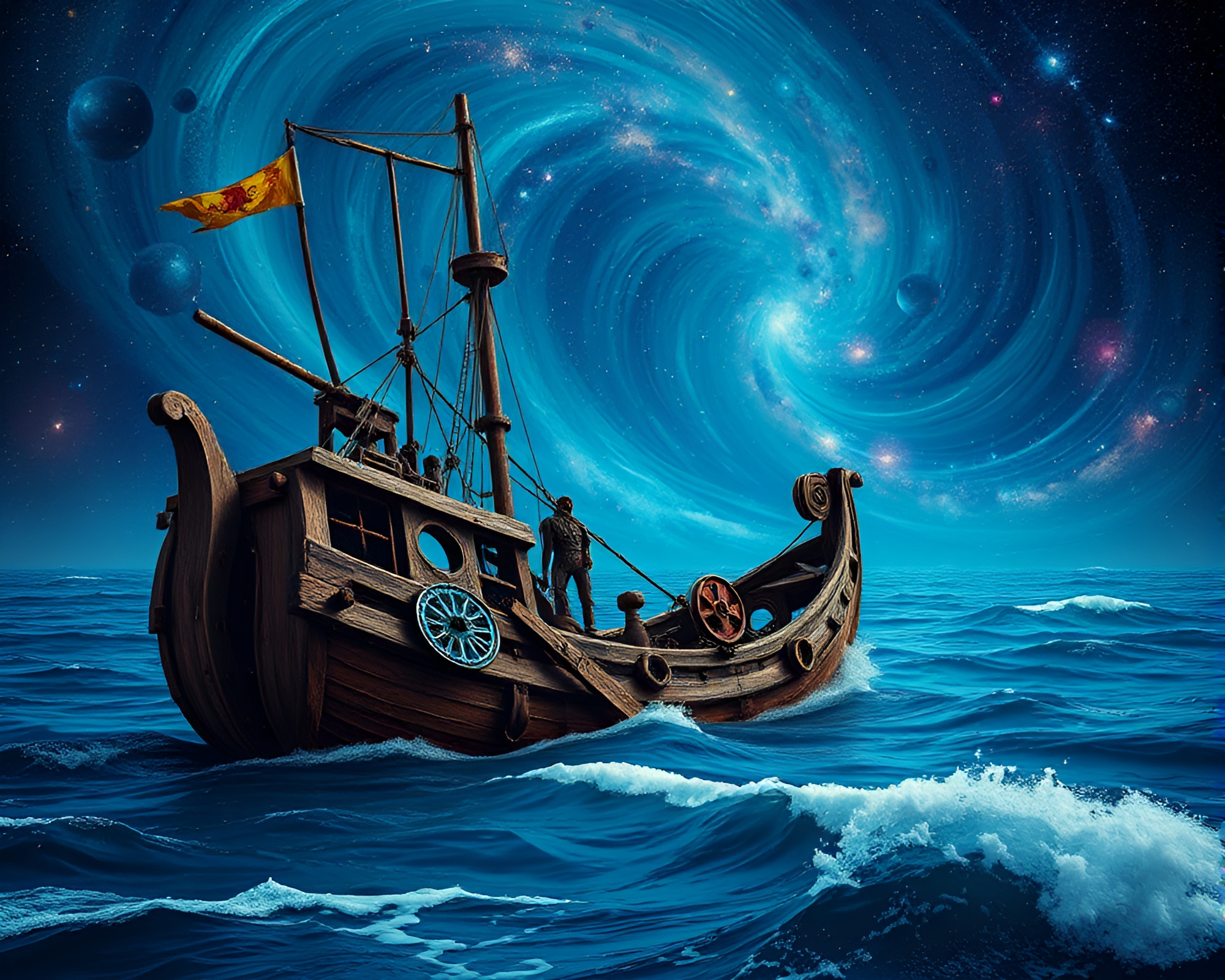 Rustic Kinetic Sculpture Amidst Cosmic Ocean Cosmos – free AI stock image