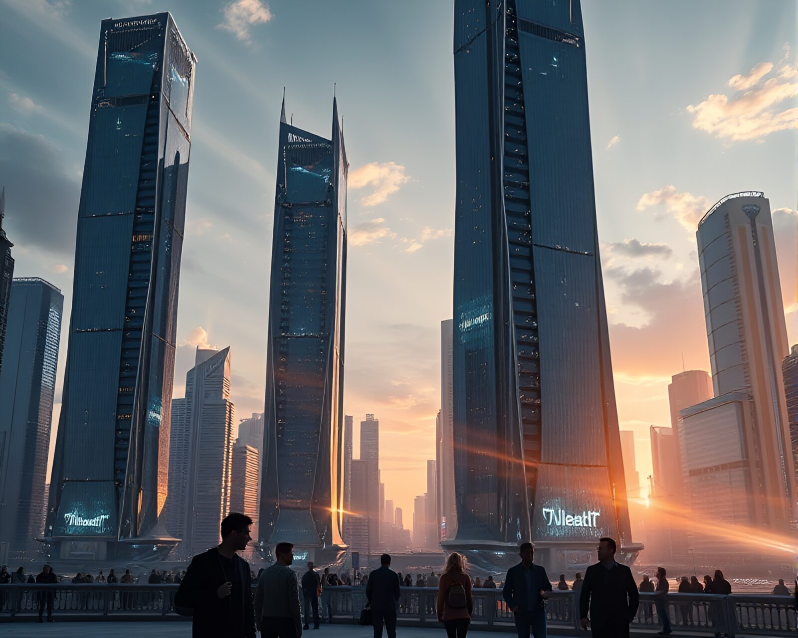 Impressive cityscape of glowing silicon crystal skyscrapers with long shadows