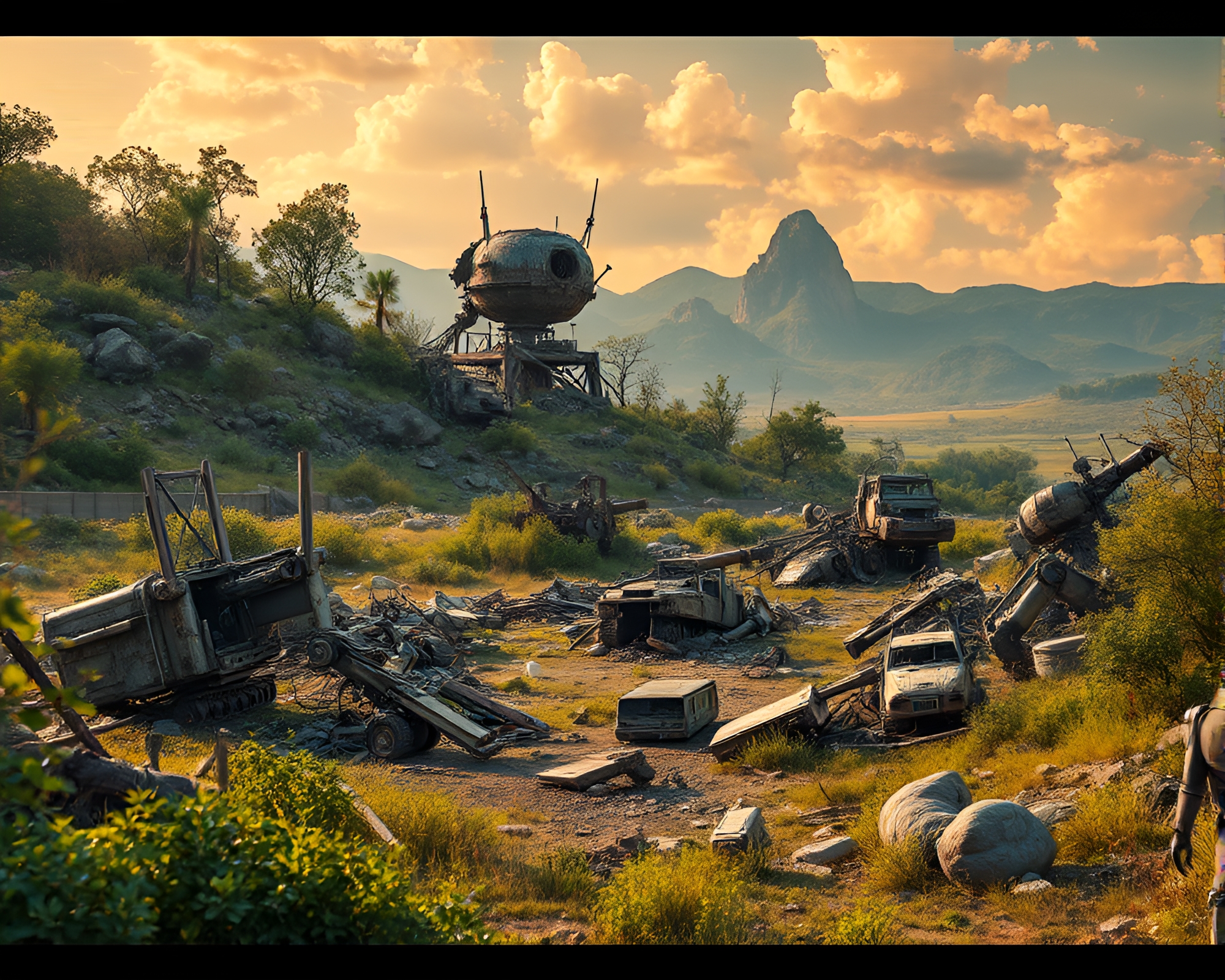 Surreal Robot Junkyard Amidst Nature’s Beauty – free AI stock image