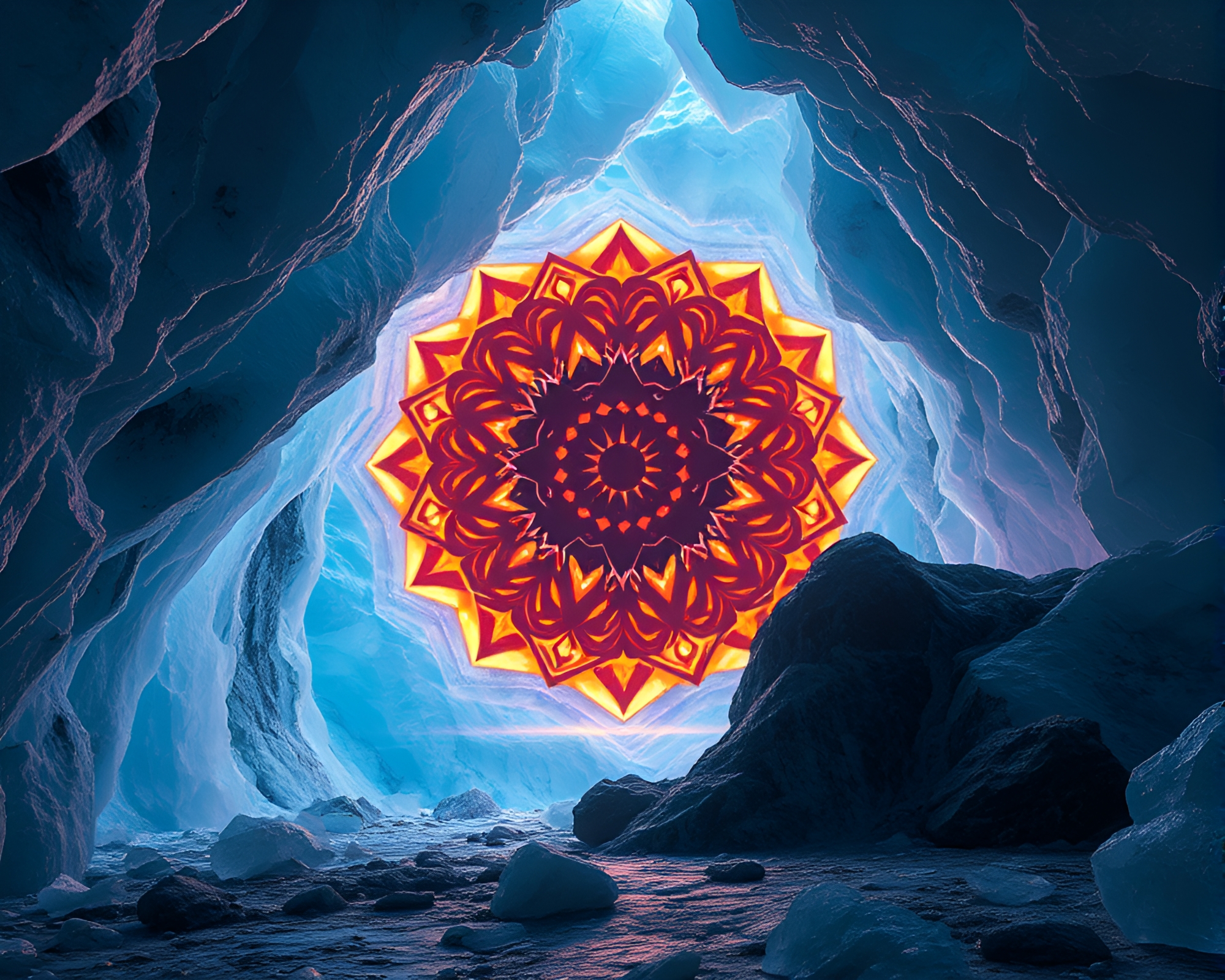 Enchanting Glowing Embroidered Pattern in Ice Prism Cavern – free AI stock image