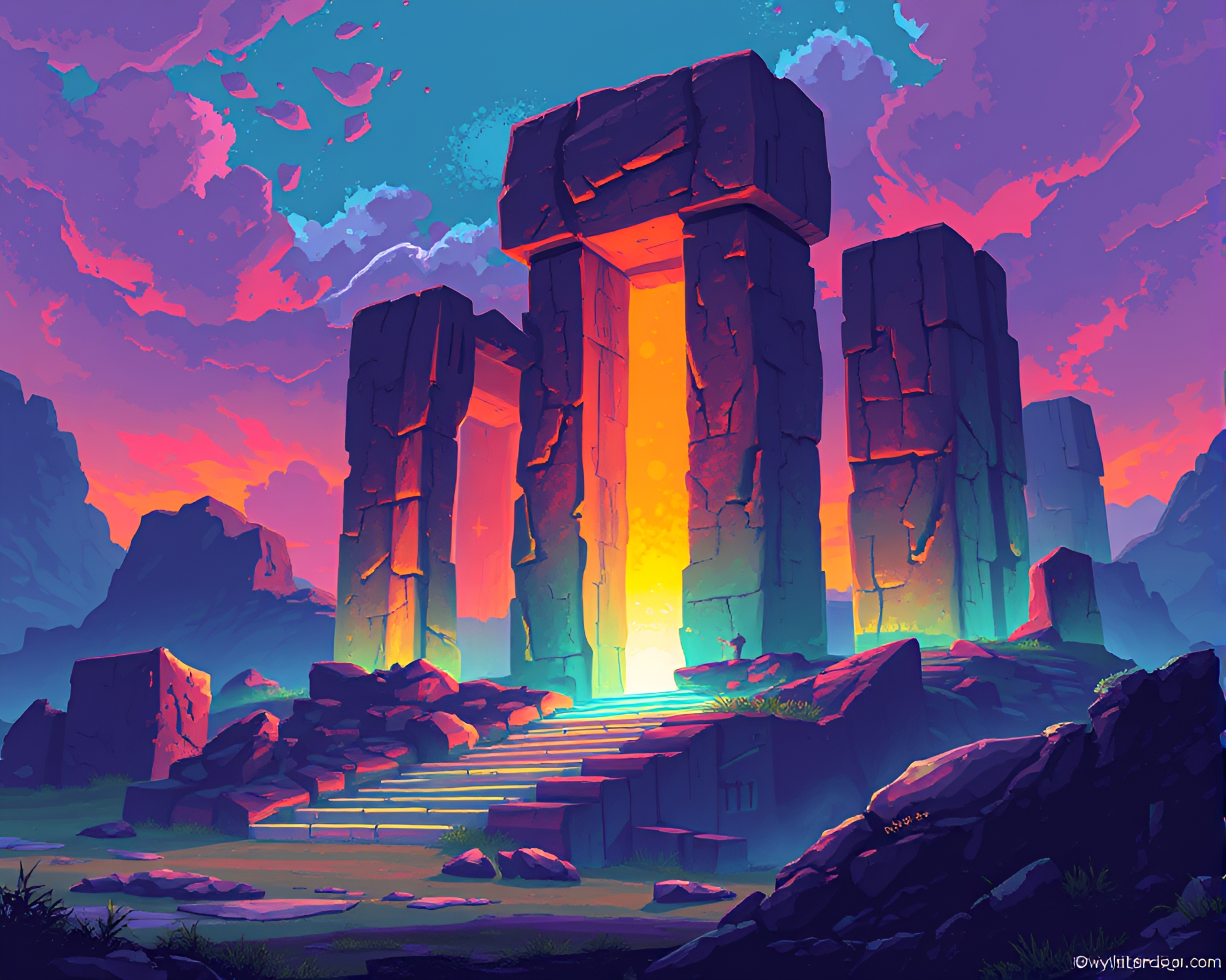 Ethereal Ancient Ruins in Intricate Pixel Art Design – free AI stock image