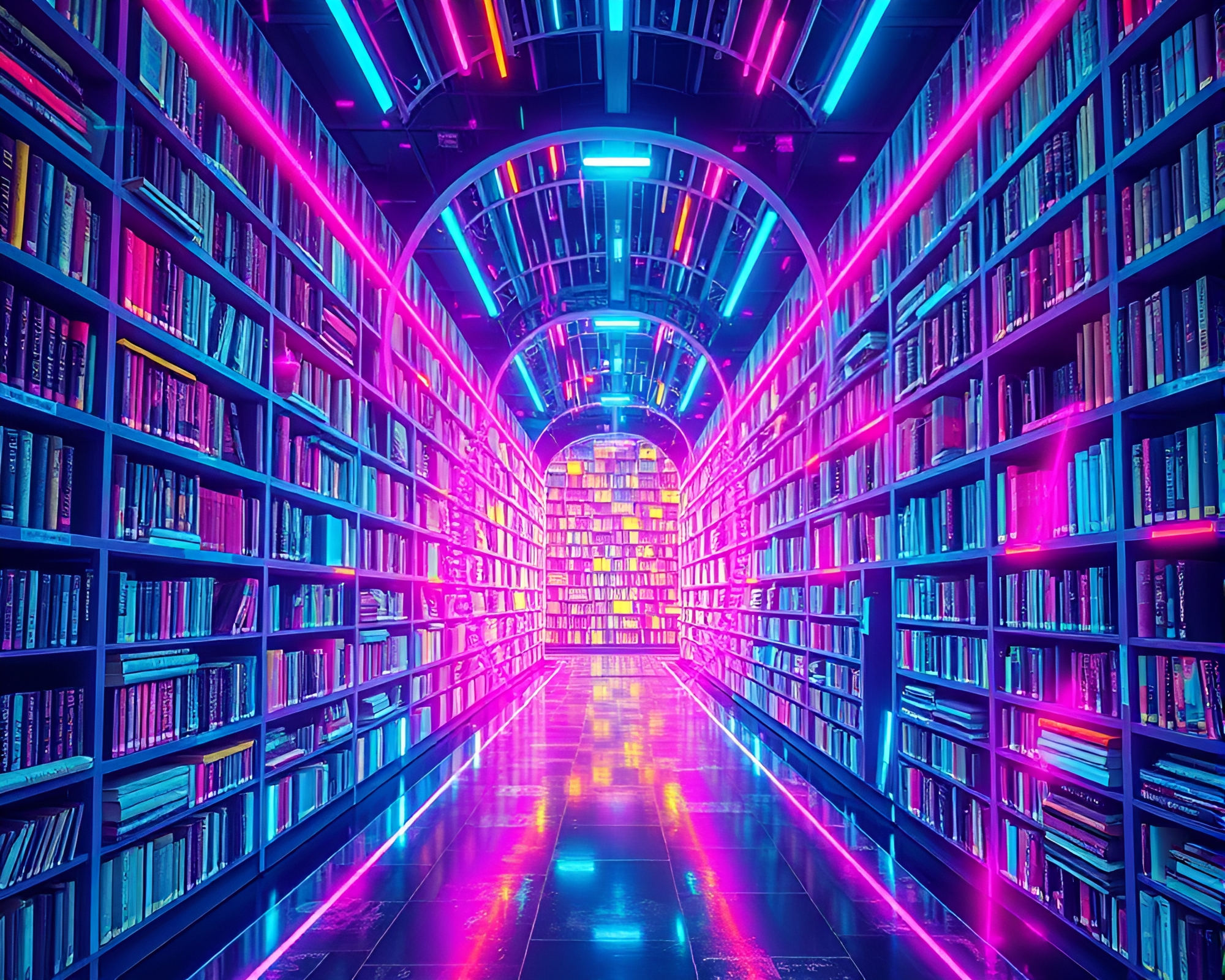 Surreal Glitch Art Library Labyrinth Vibrant Neon Colors – free AI stock image