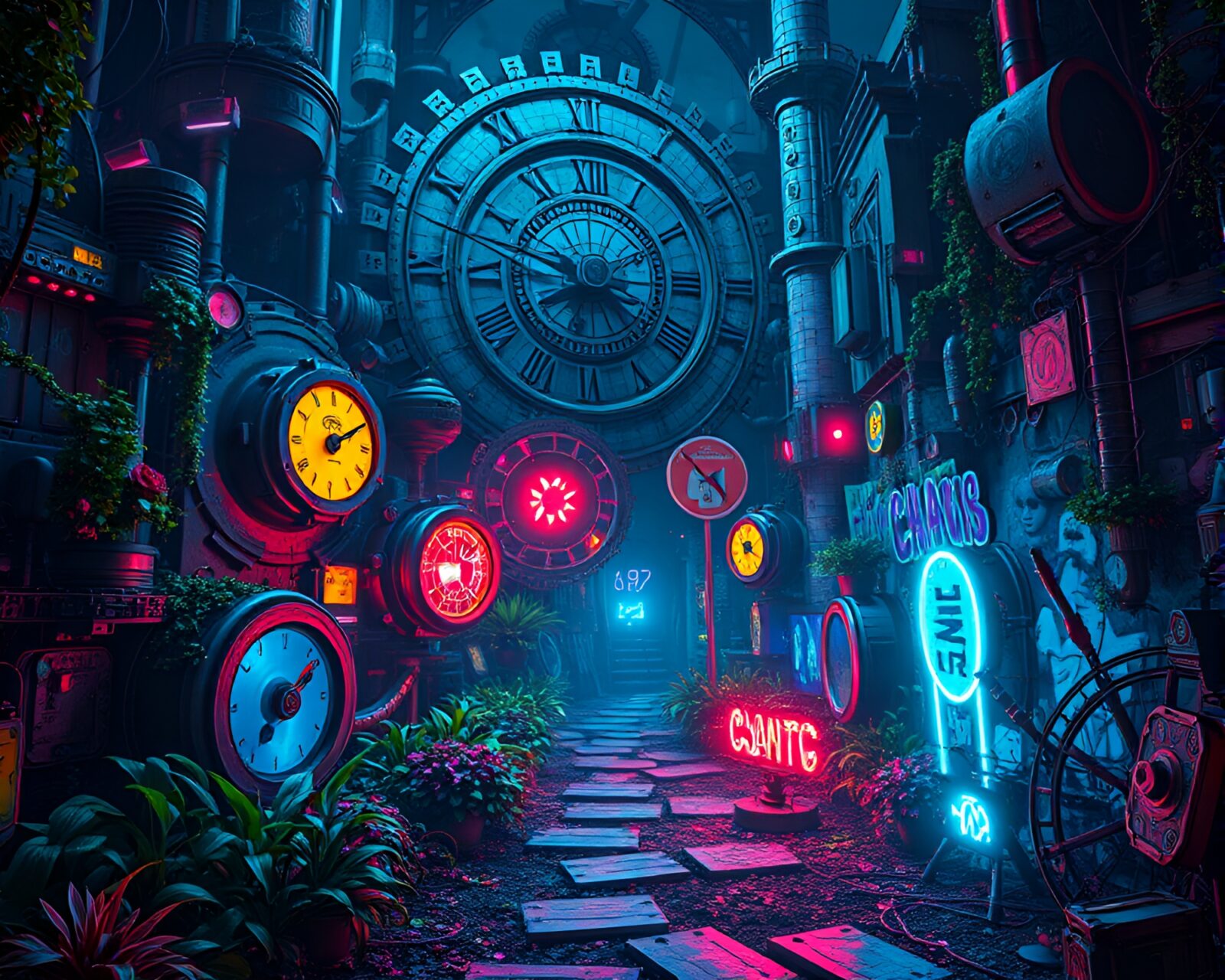 Surreal futuristic clockwork garden with neon graffiti colors at night