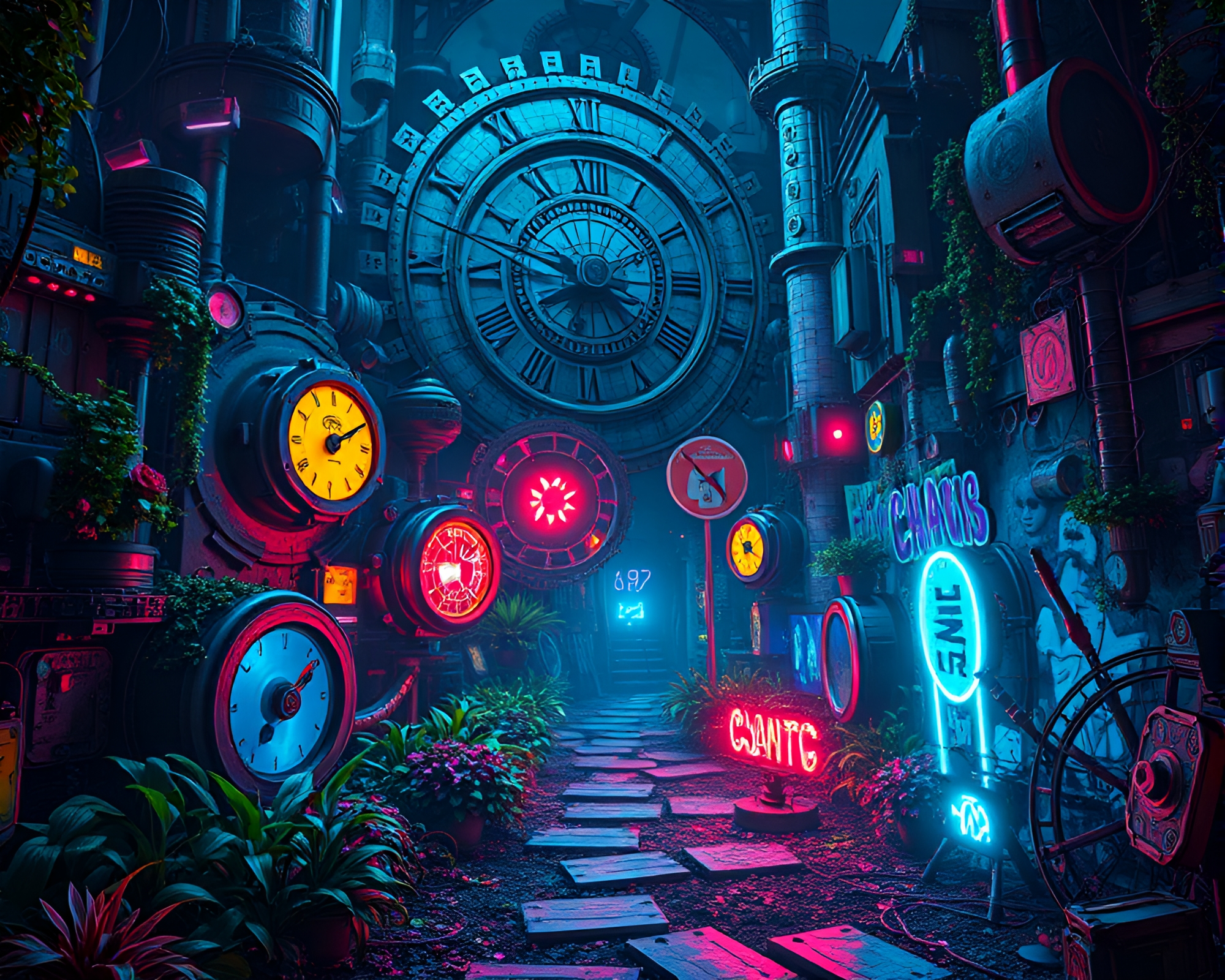 Neon Cyberpunk Clockwork Garden in Melancholic Night – free AI stock image