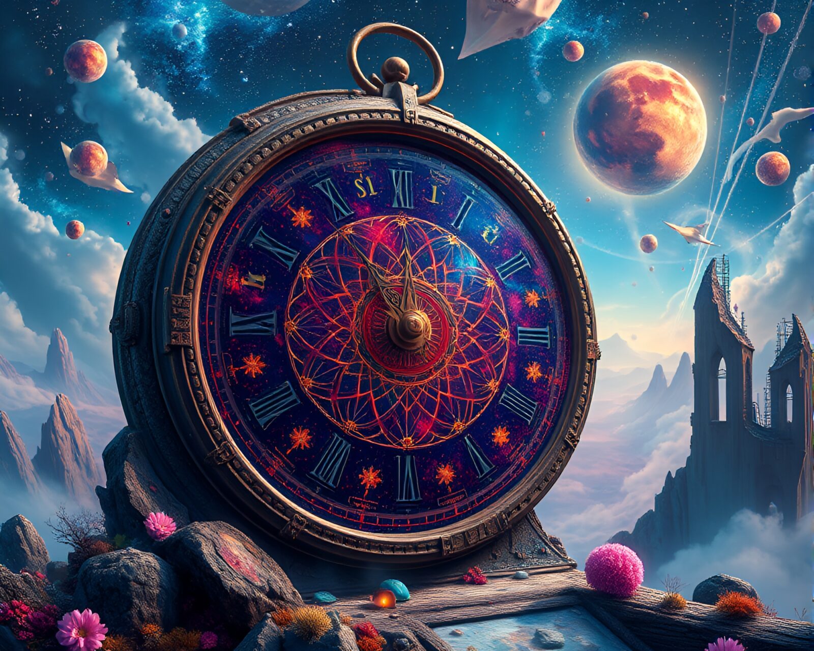 Intricate cosmic clock face in dreamlike landscape setting