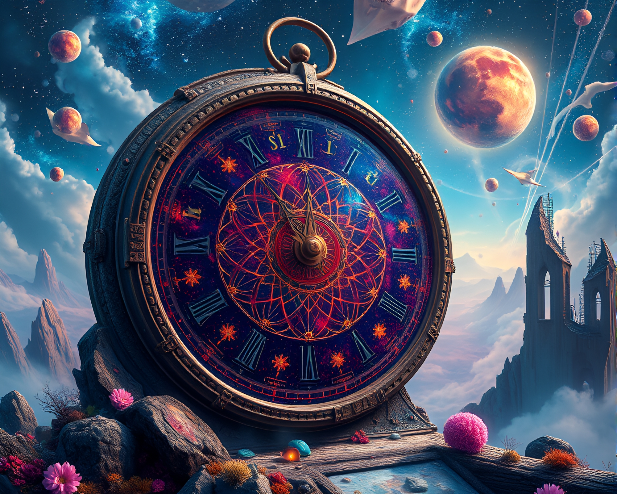 Surreal Cosmic Clock Floating in Vibrant Fantasy Landscape – free AI stock image
