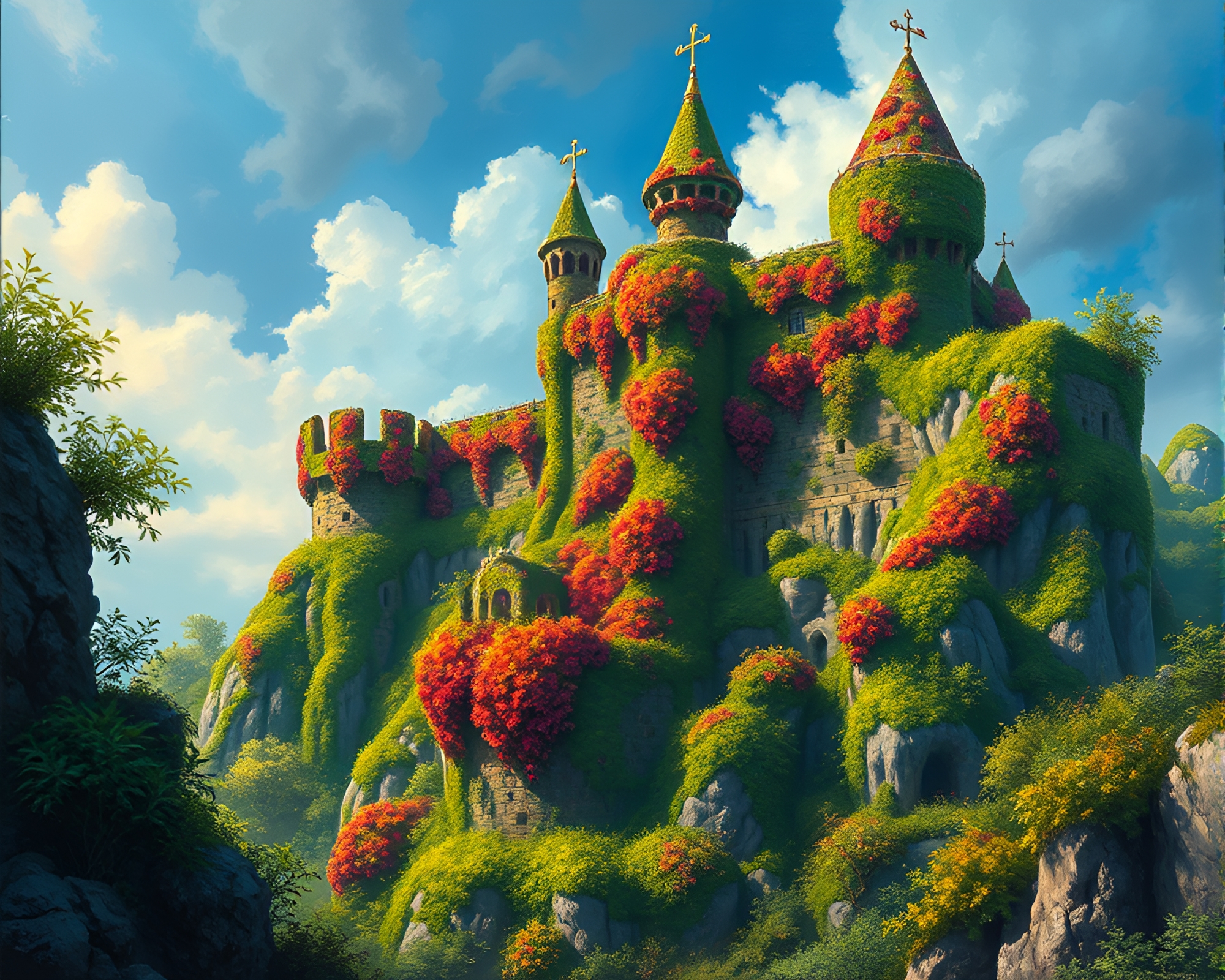 Vibrant Acrylic Fortress Covered in Ivy Artwork – free AI stock image