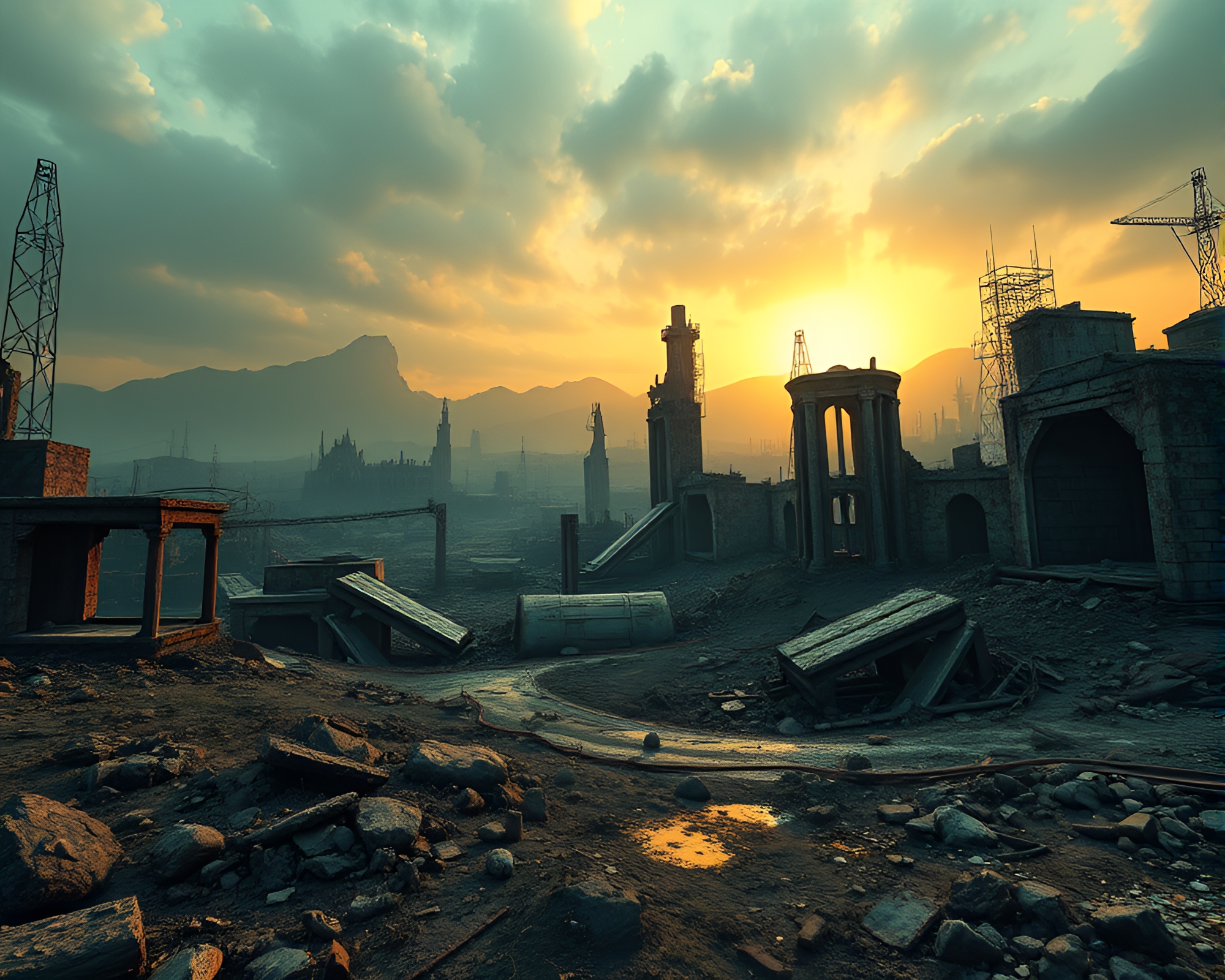 Eerie Virtual Reality Wasteland: Post-Apocalyptic Ruins – free AI stock image