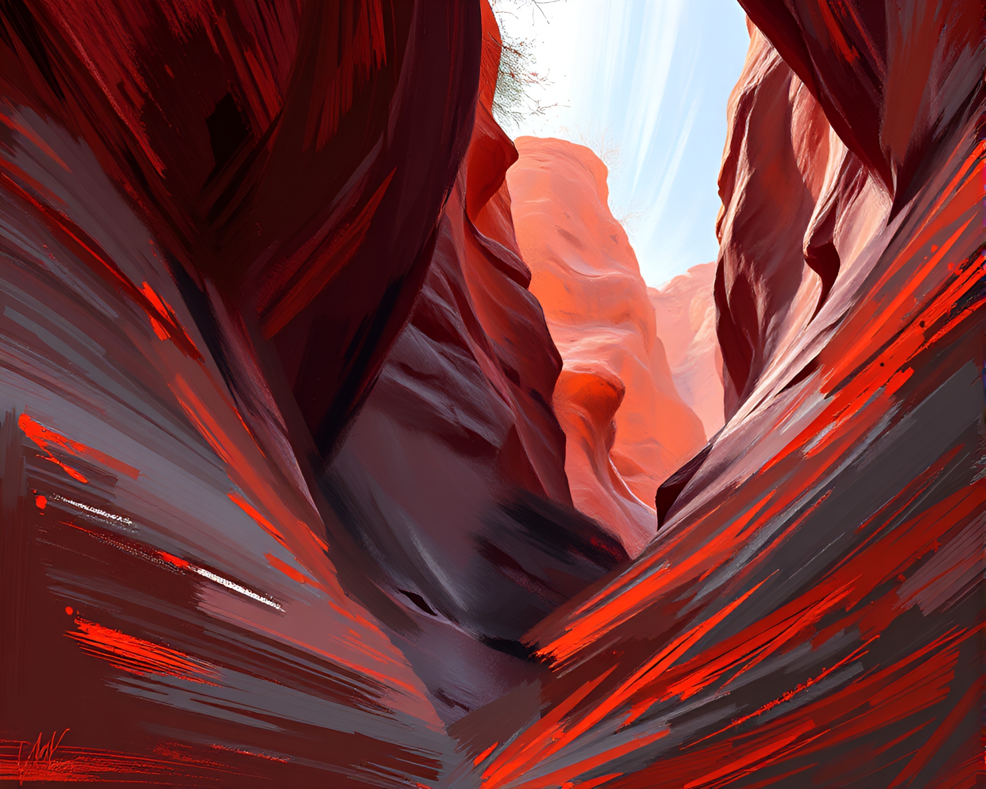 Vibrant Oil Painting of Dramatic Obsidian Canyon Scene – free AI stock image