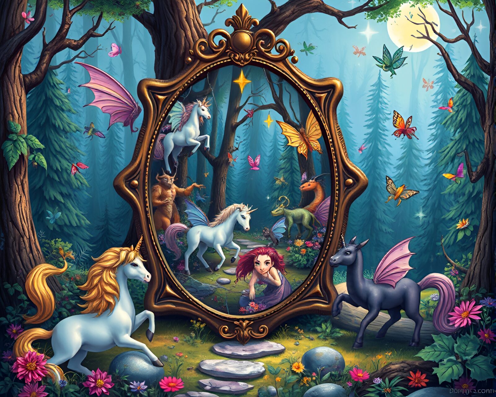 Shattered mirror reflecting mystical unicorns, fairies, and dragons in forest