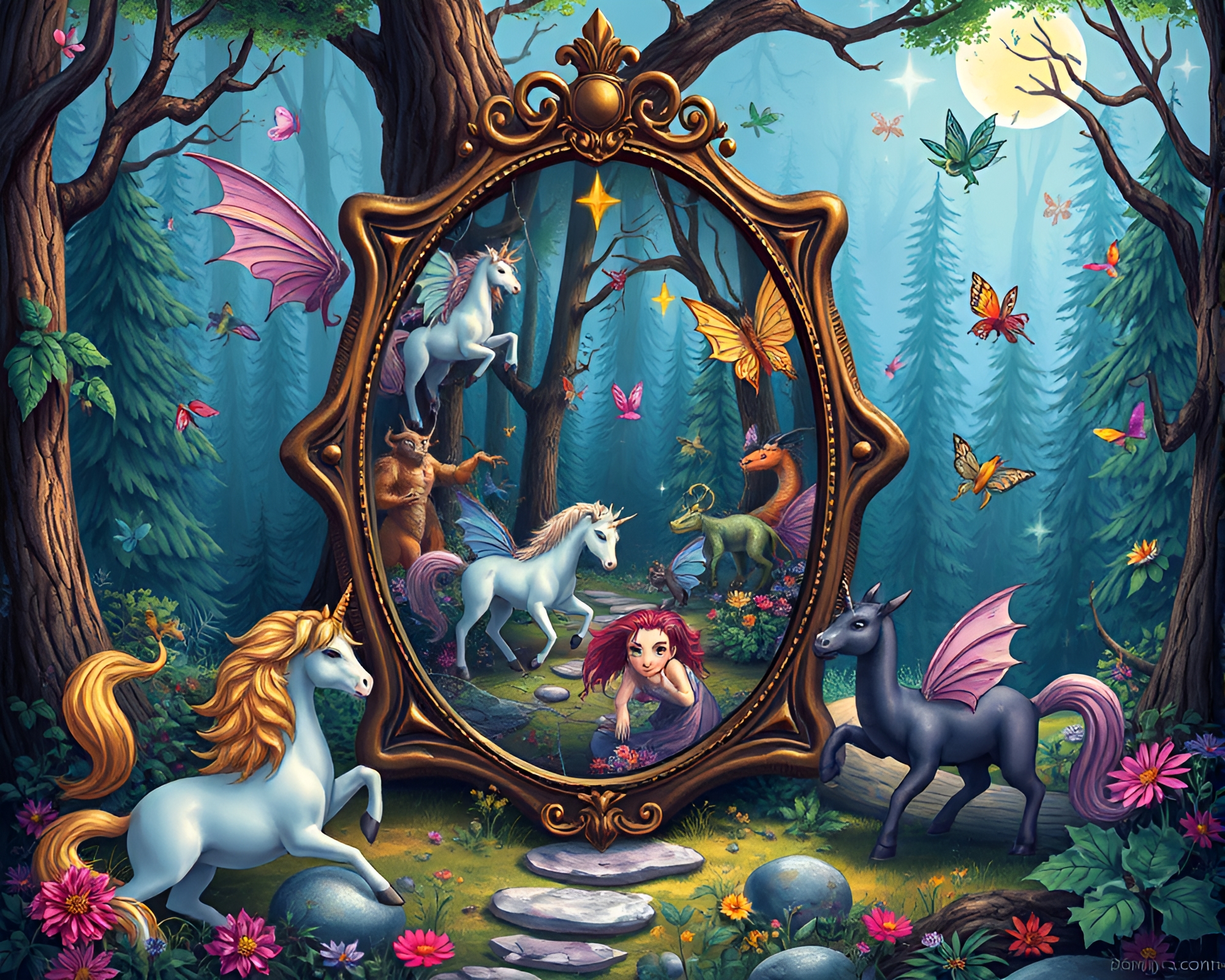 Enchanting Fantasy Scene of Shattered Mirror Reflection – free AI stock image