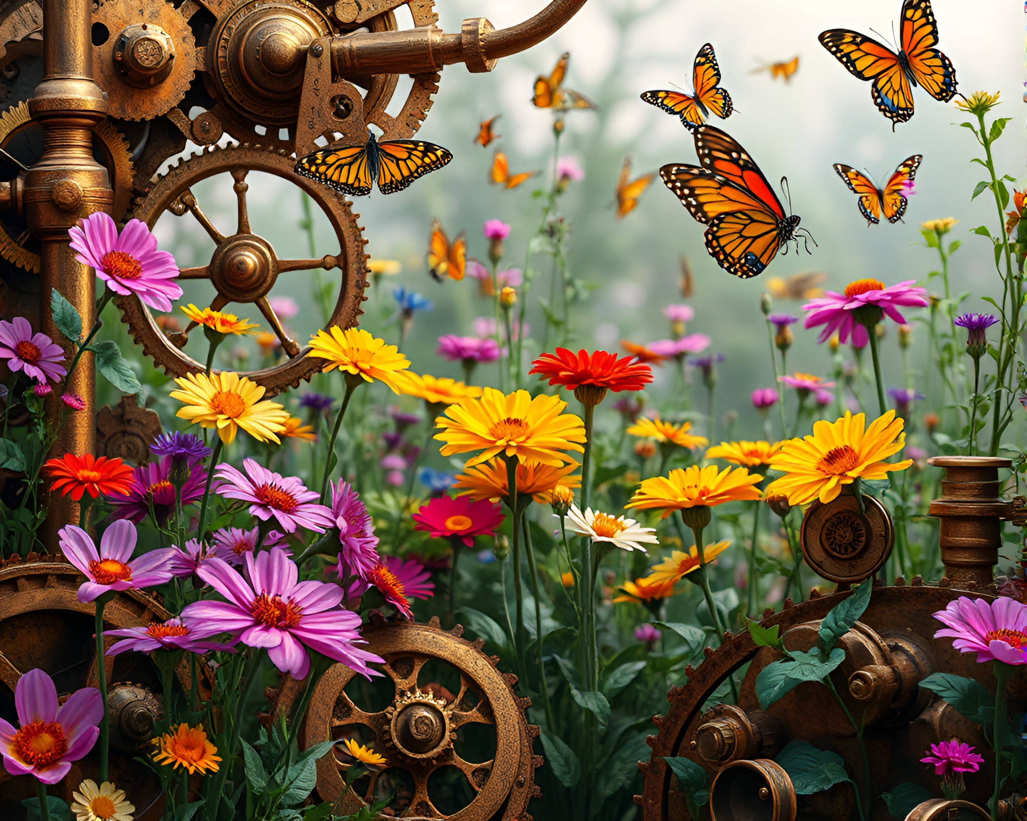 Clockwork Garden Blooms with Vibrant Flowers and Mechanical Butterflies – free AI stock image
